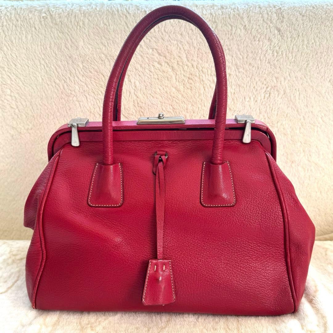 Prada Kiss Lock Handbag Red Leather Frame Clasp Doctor Bag Purse 12.2″ 8.3″ 7.9″