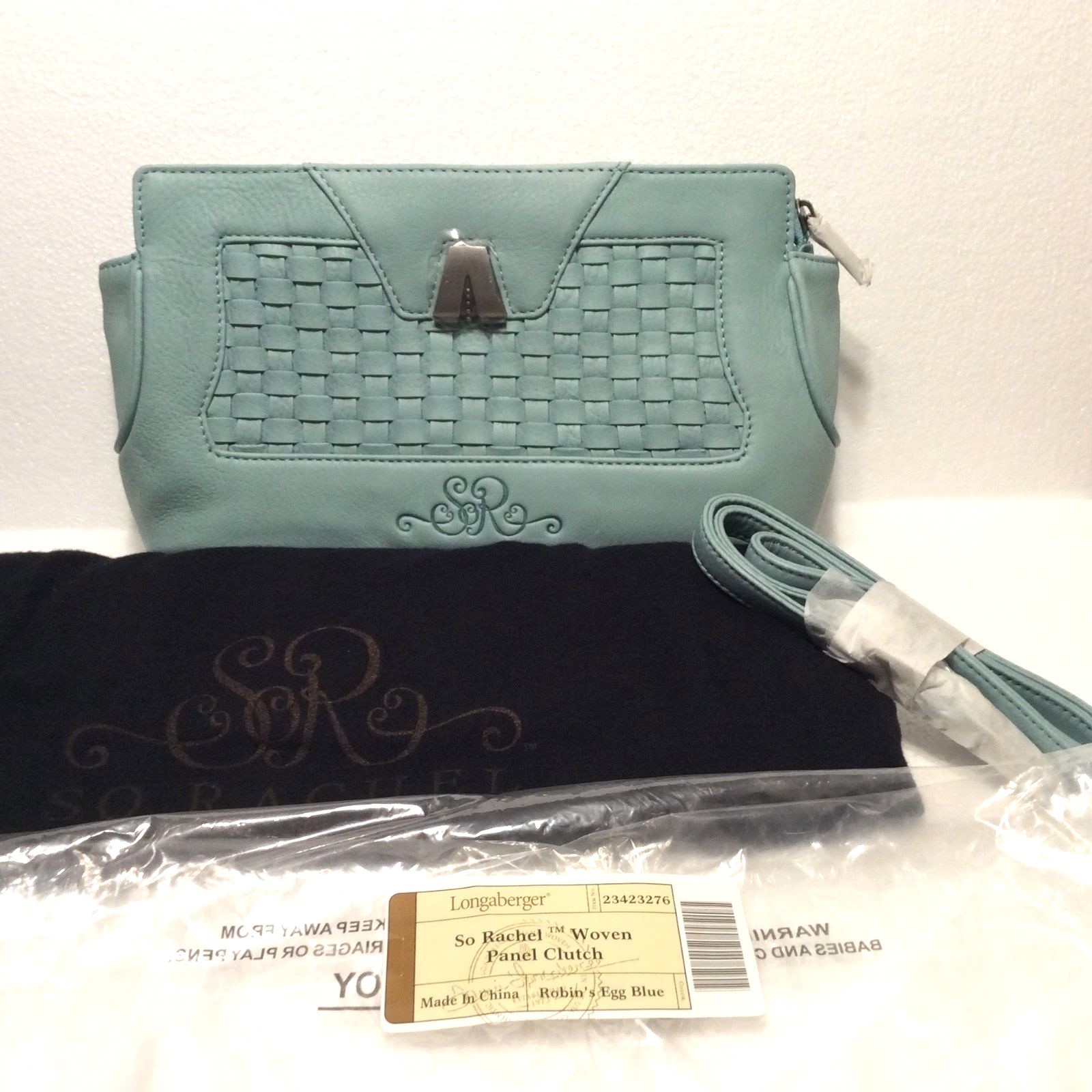 Robin’s Egg Blue So Rachel Longaberger Leather Woven Panel Clutch Crossbody NEW