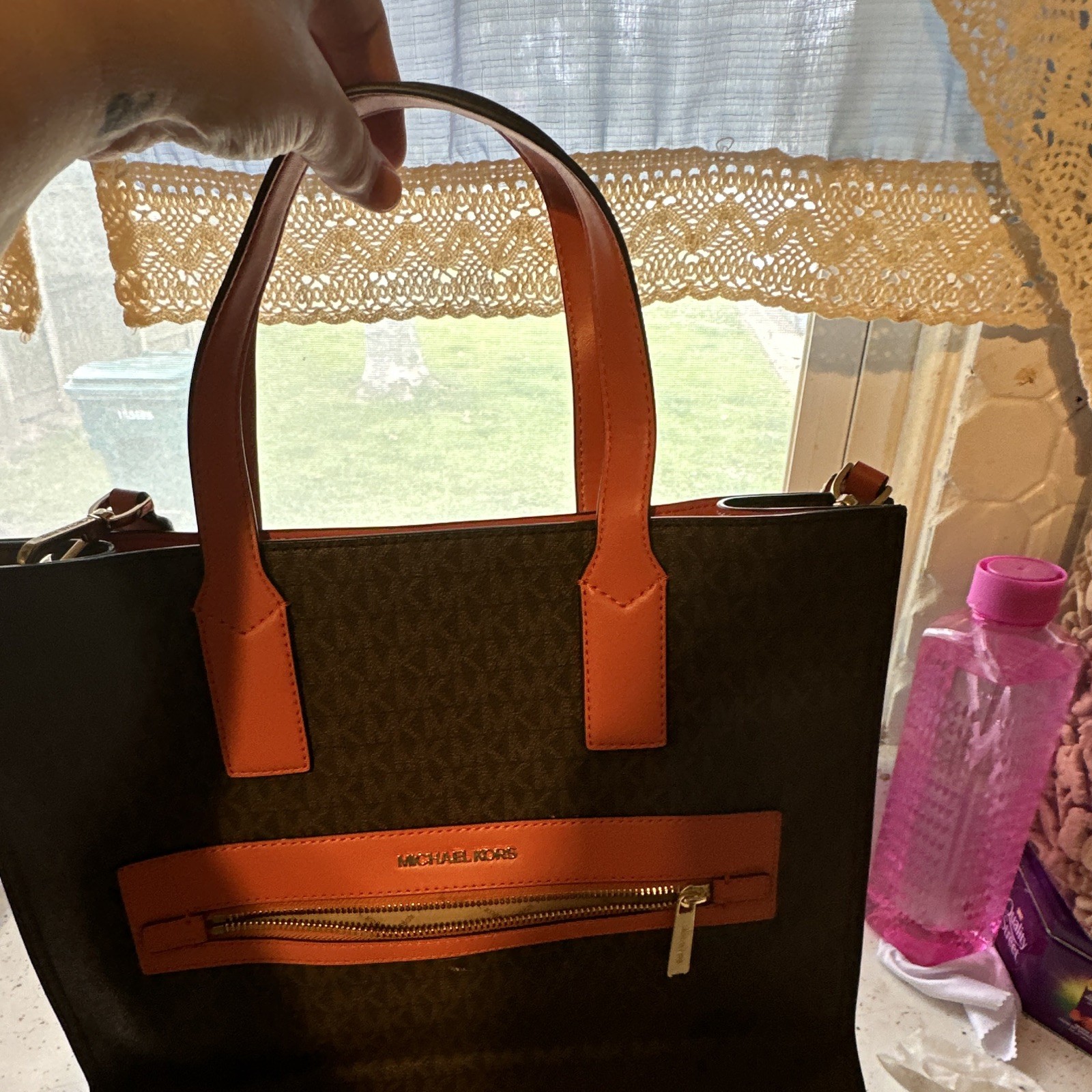 Michael Kors Brown Logo Tote Orange Trim Front Zip Pocket Detachable Strap