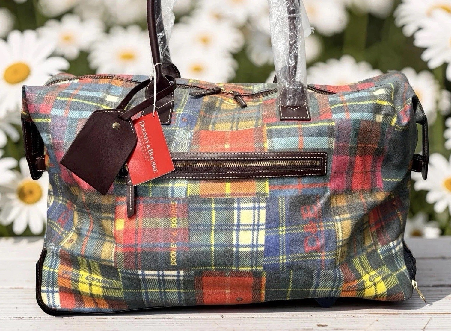 Dooney Bourke Madras Plaid Tartan XL Rolling Travel Duffle Luggage Bag Vintage