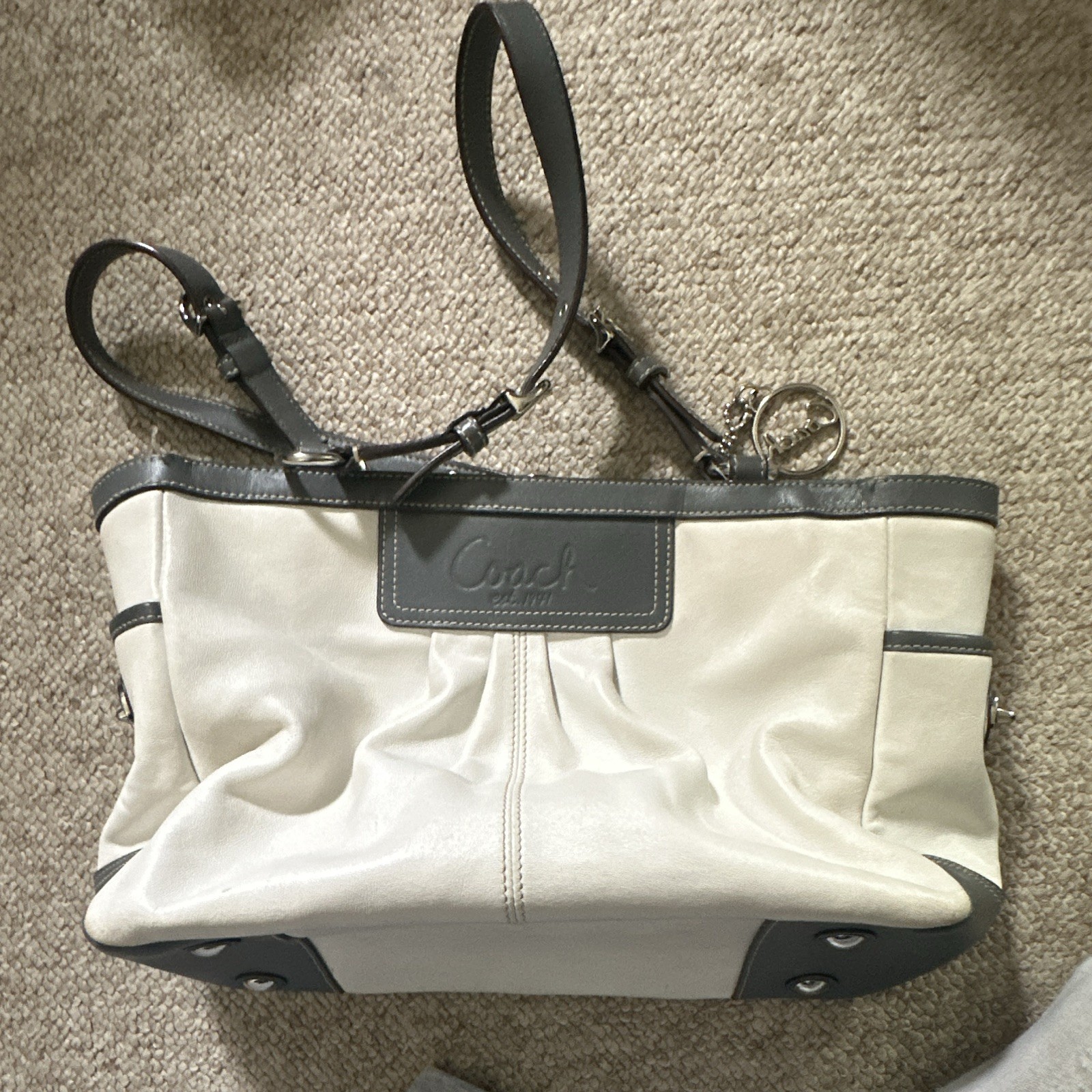Coach Cream/Gray Medium Shoulder Bag, Turn Lock & Zip, Purple Lining, Charm