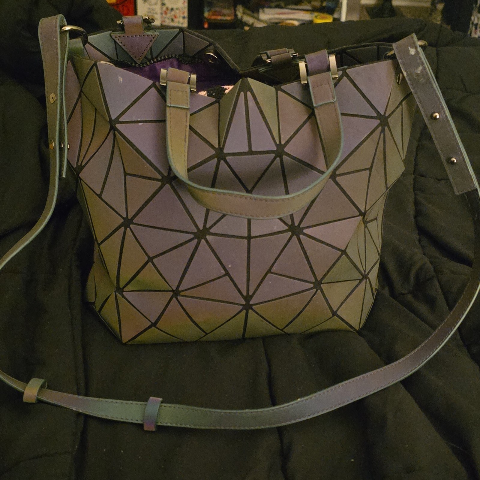 Luminatos Geometric Iridescent Satchel Top Handle w Strap Zip Purple Lining