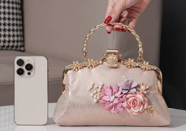 EVENING BAG-Rhinestone, Faux Pearl, and Fabric Florals with Decorated Metal Hand