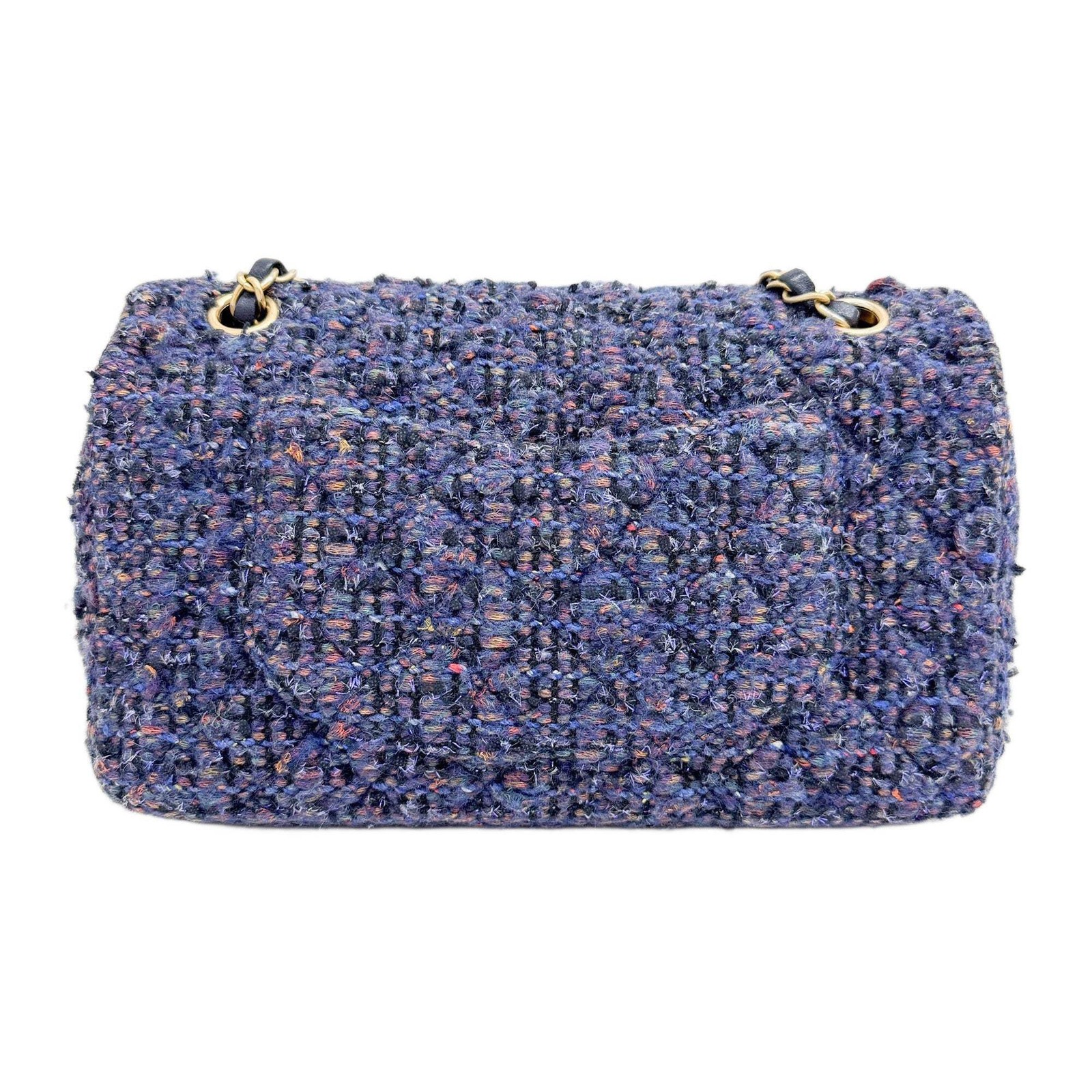 CHANEL Classic Flap 2018-2019 Matelasse Navy Blue Tweed Shoulder Bag