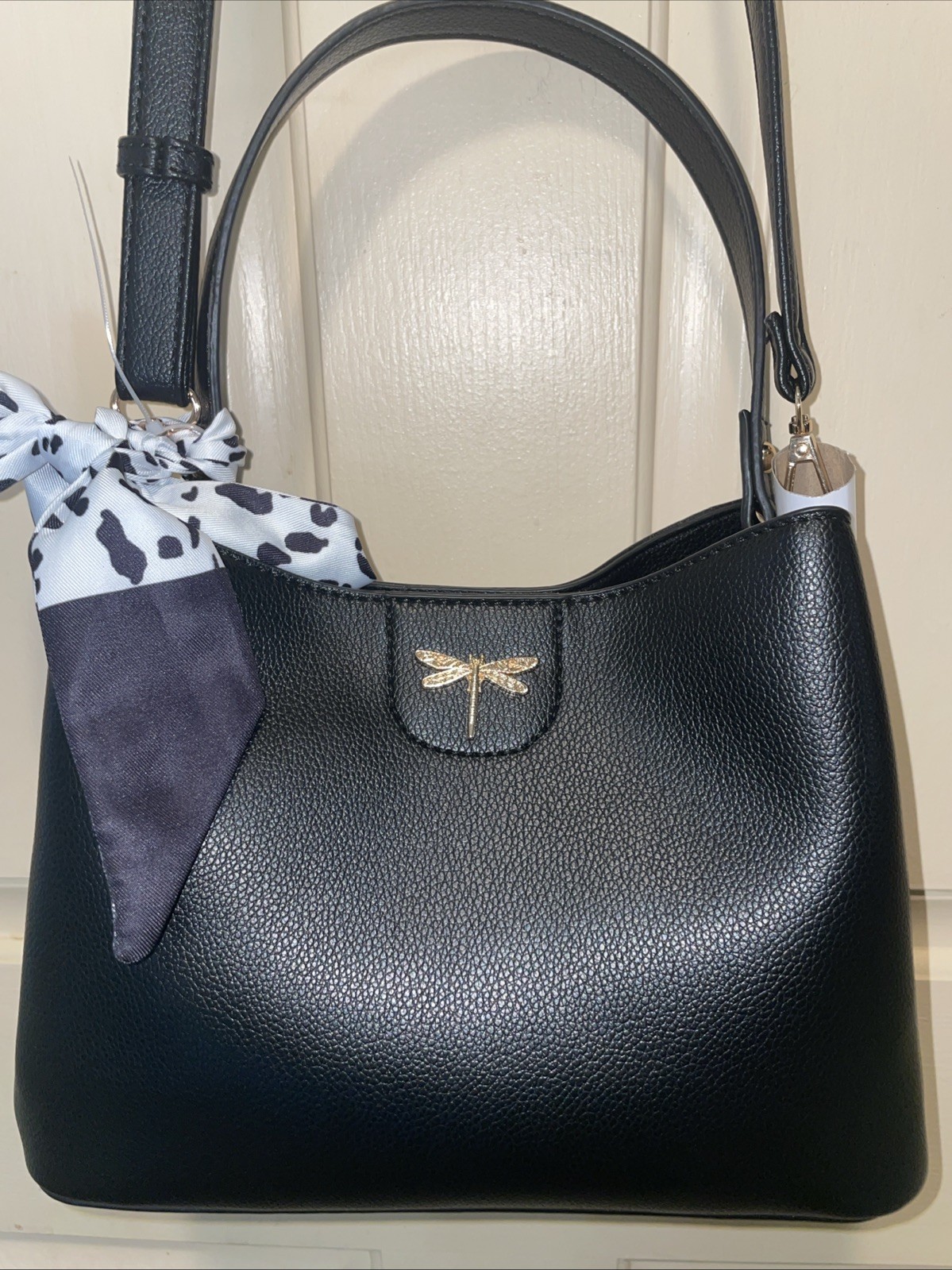 Calista Black Vegan Leather Satchel With Ribbon And Gold Dragonfly Accent NWT