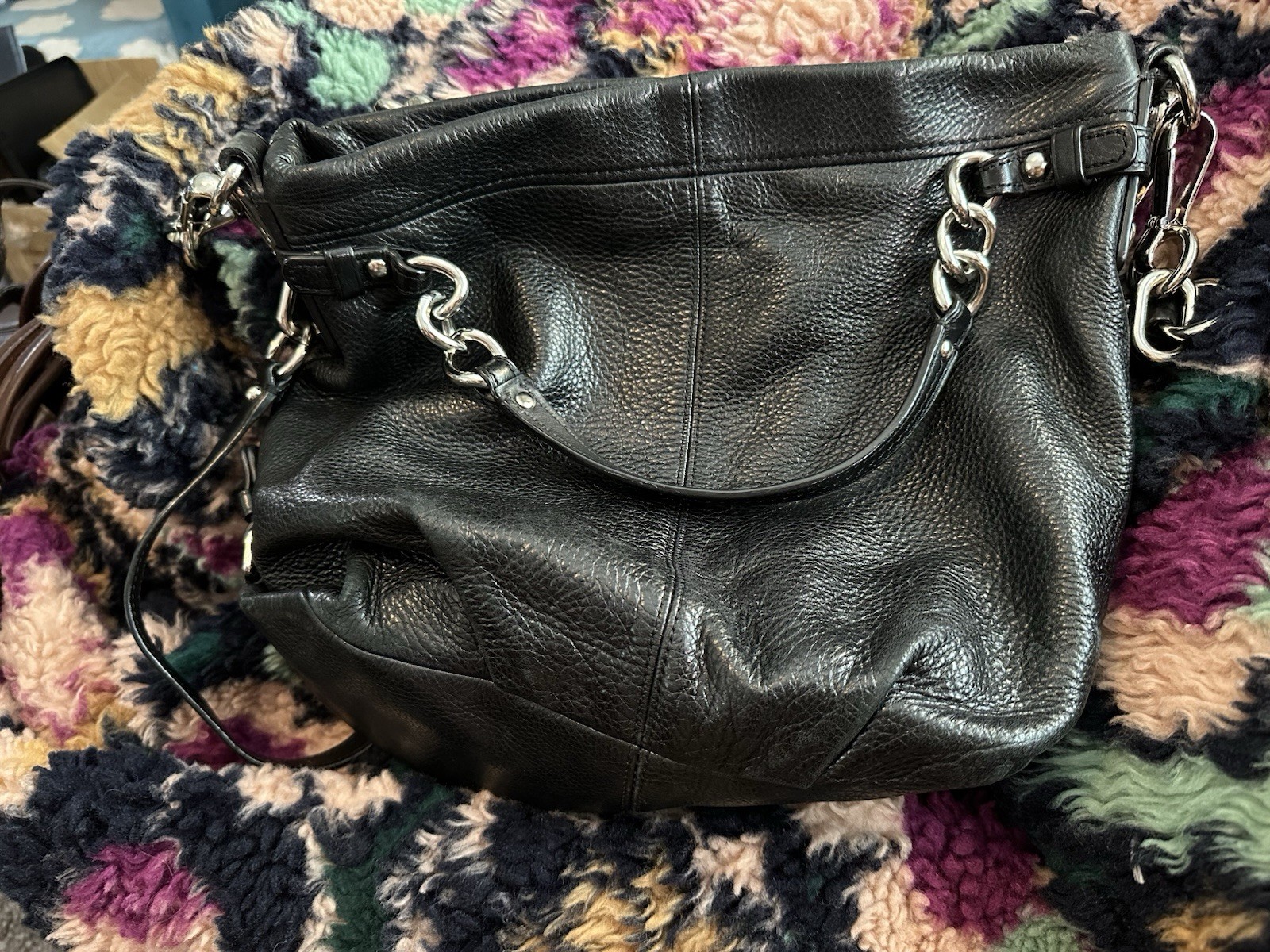 Coach Brooke Hobo Black Pebbled Shoulder Bag Silver Hardware Zip Top