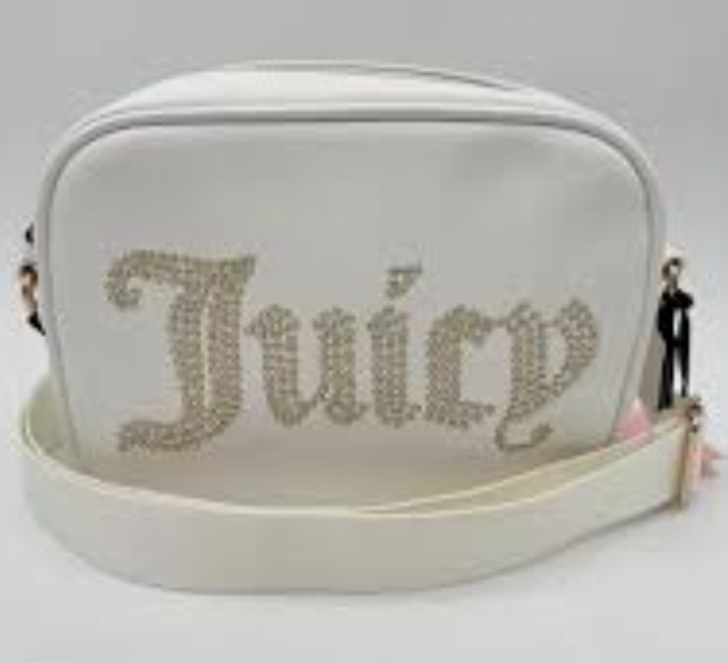 Juicy Couture White Rhinestone Logo Crossbody Camera Bag Zip Detachable Strap
