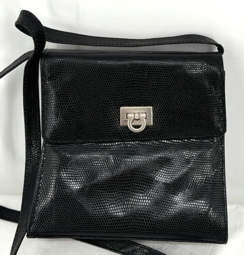 VTG 70s SIMARD & Voyer Black Snake Effect Leather Crossbody Bag Shoulder Purse