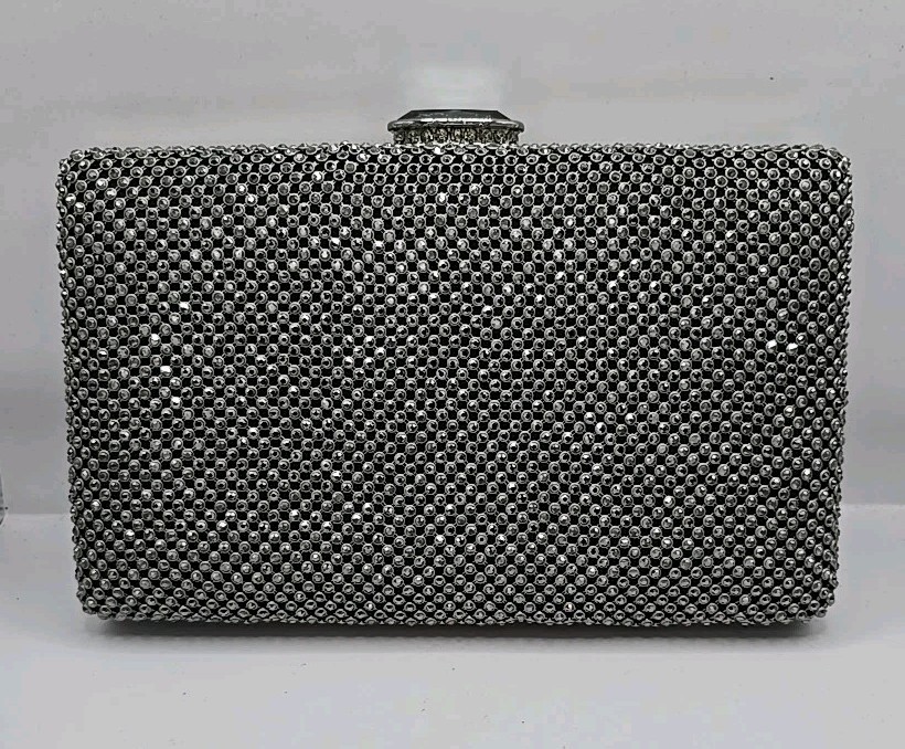 Signature Club A Jeweled Evening Bag Silver Clutch Purse w/Shoulder Chain Strap