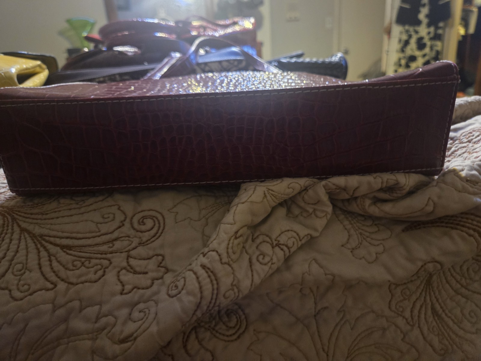 Burgundy Croc Embossed Satchel Top Handle Bag Zip Gold Hardware Det Strap