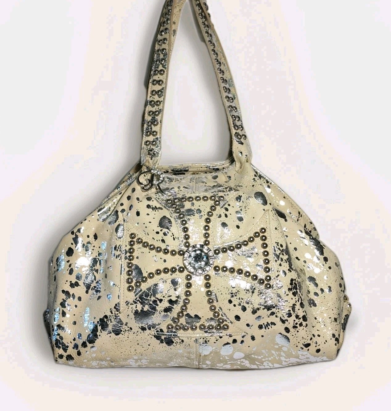 CRYSTALS RAVIANI TOTE EMBELLISHED 3D CROSS ON CREAM SUEDE W SILVER SPLASHES $545