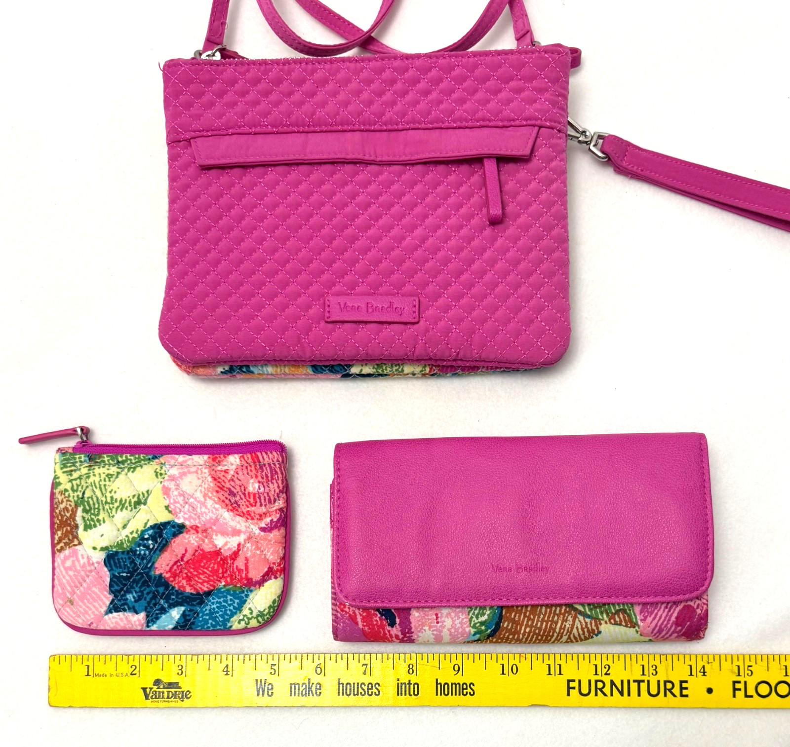 Vera Bradley Purse/Crossbody Bag Wallet Set Quilted Floral Pink Teal Blue 3 pcs