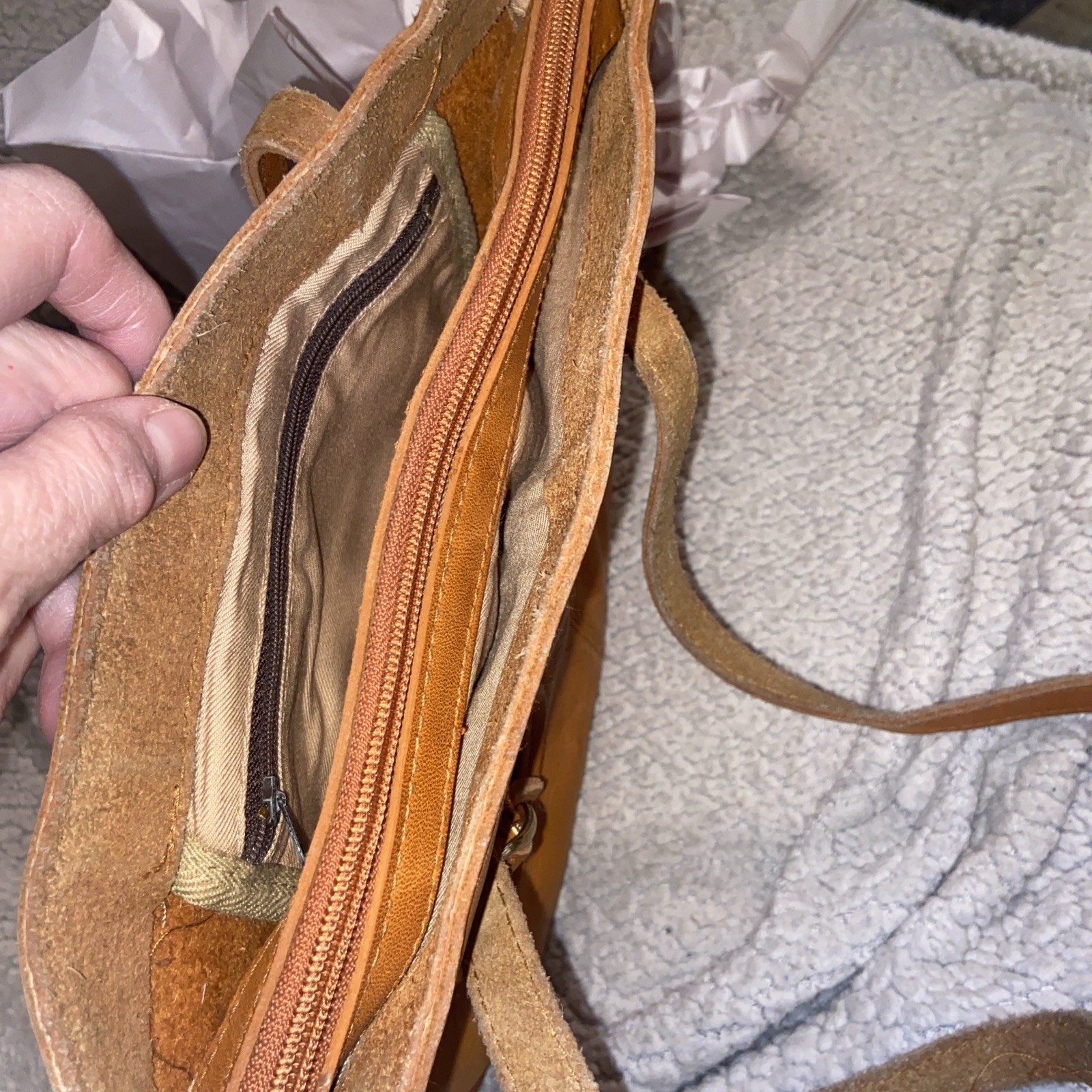 Genuine Tan Leather 12” W & 7 1/2” Tall 3 Pockets Inside & 1 Outside