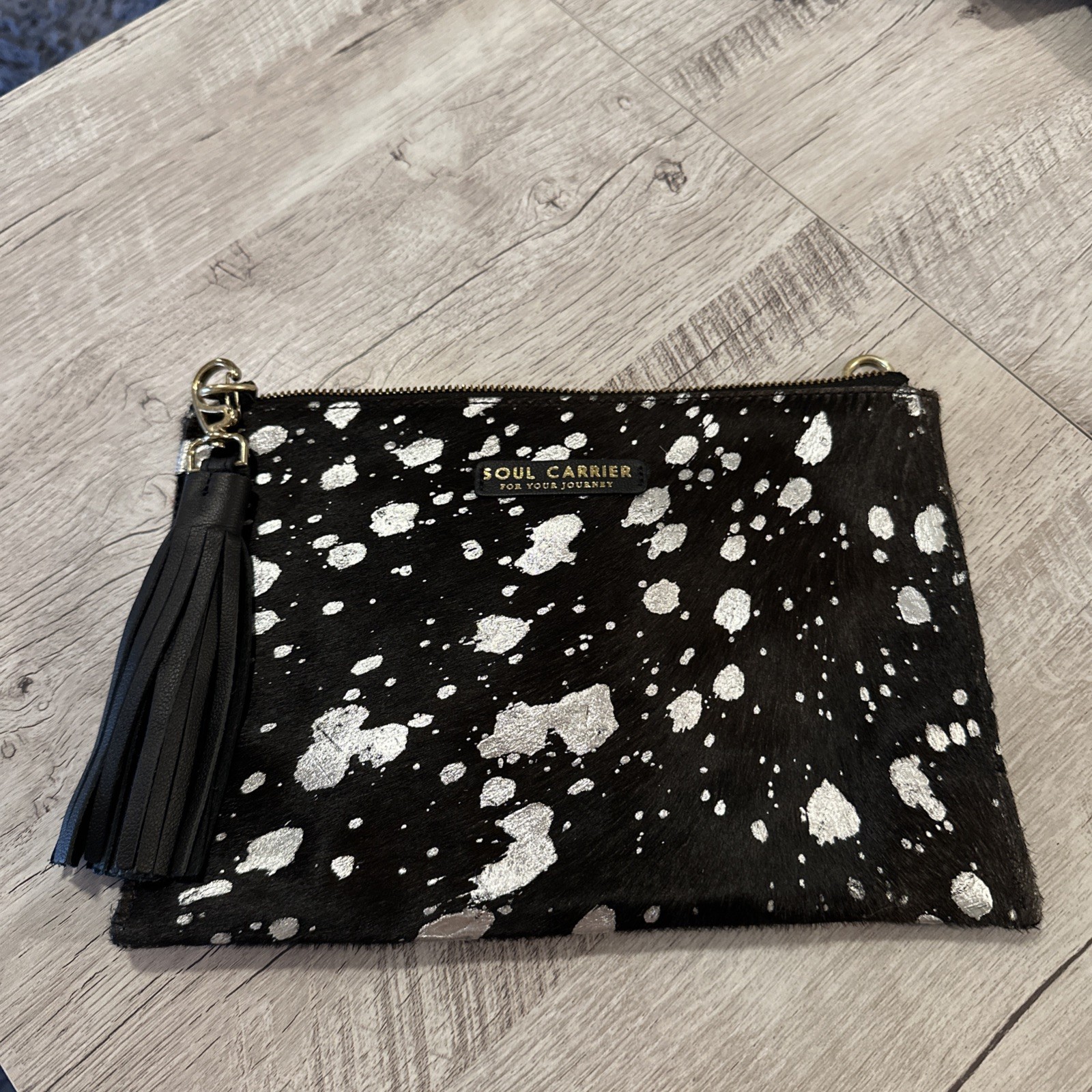 Soul Carrier Desert Rain Black Cowhide Clutch Zip Closure Hair-on Leather