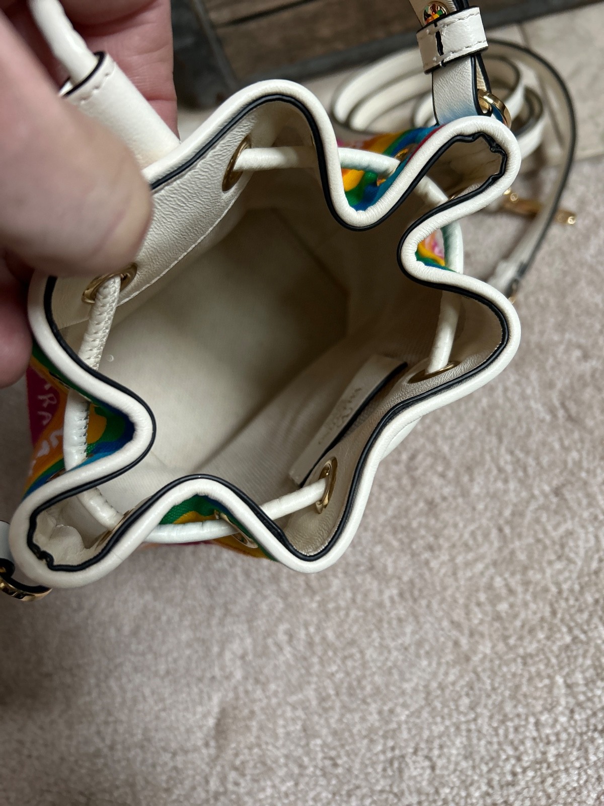 $1750 VALENTINO “Escape” VLogo Mini canvas bucket bag – Chevron24 Rainbow print