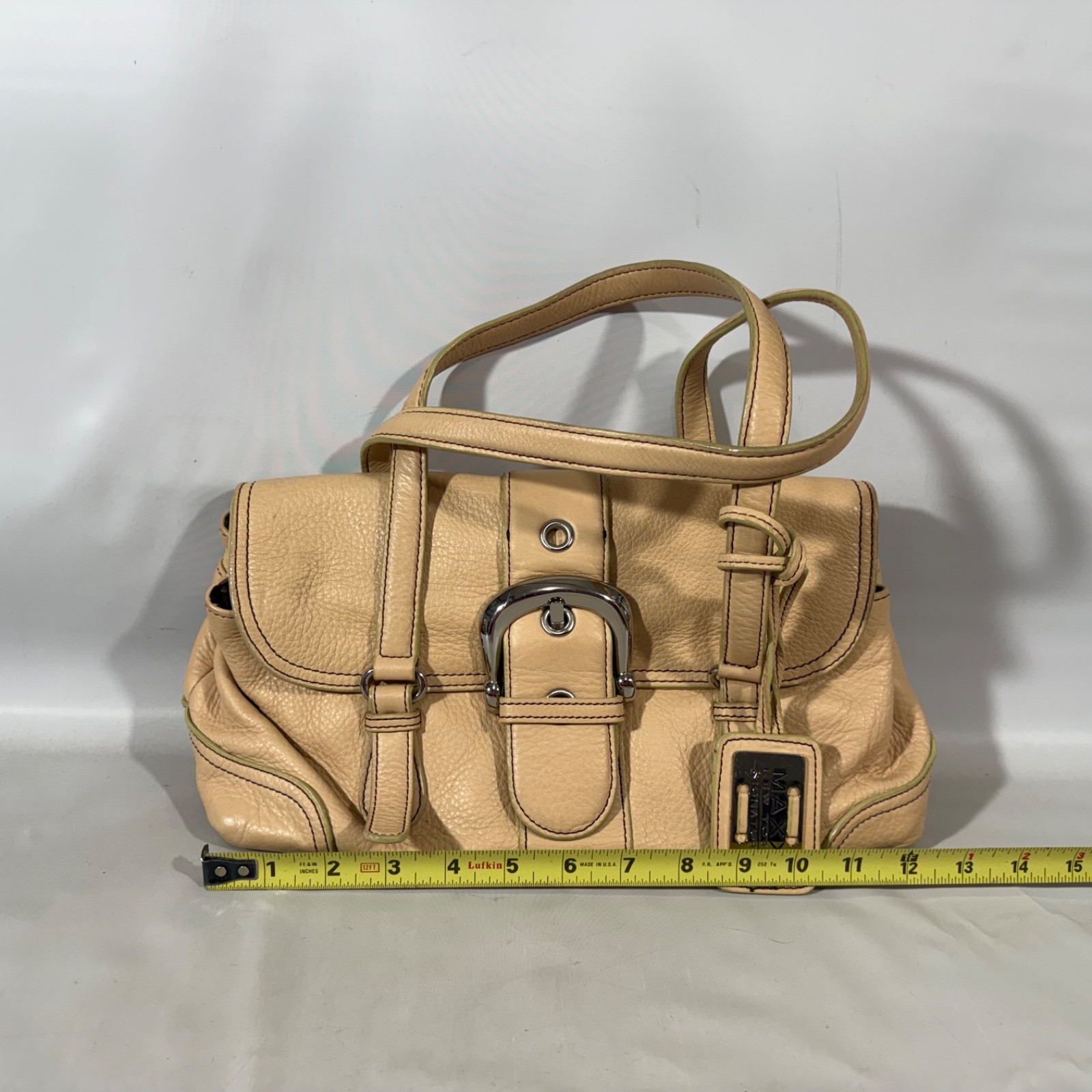 Maxx New York Signature Beige Tan Small Soho Pebbled Leather Shoulder Bag Buckle