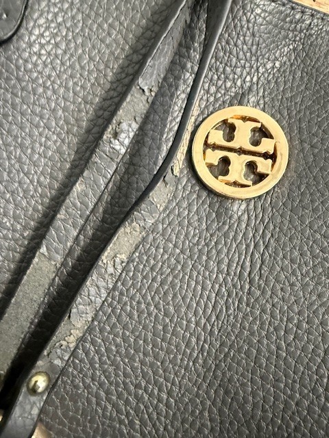 Tory Burch Tote Double Strap Handbag Large Dark Grey Gold Hardware SEE wear FLAW