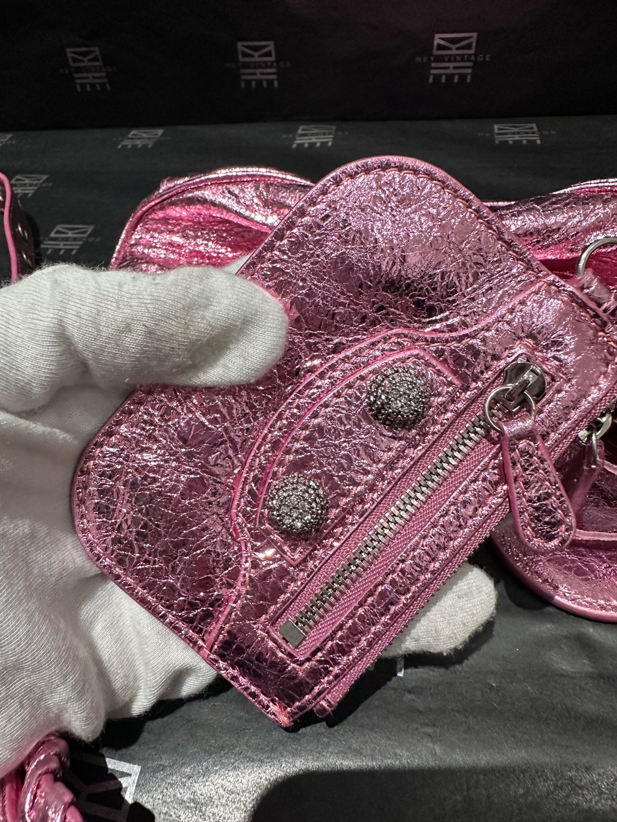 Auth BALENCIAGA Le Cagole Mini Shoulder Bag Pink Metallic Crossbody Bag