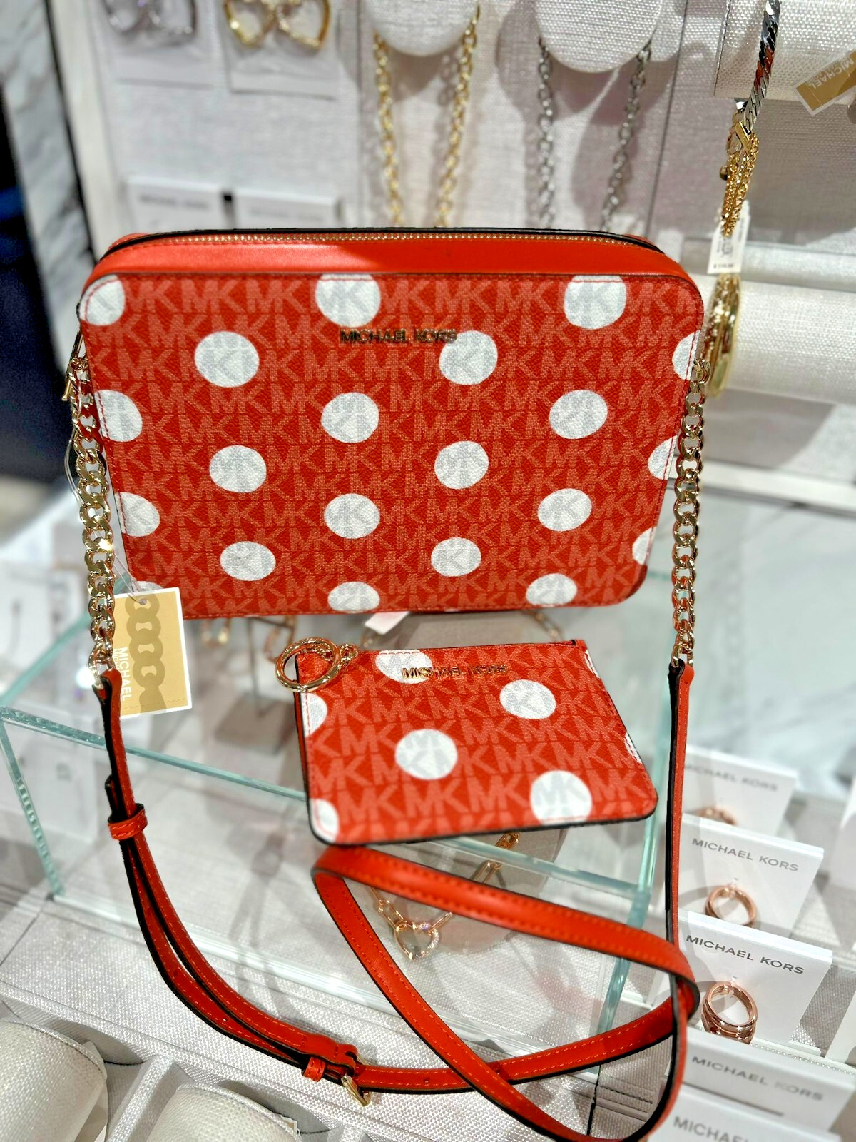Michael Kors Medium Large Handbag Purse Crossbody Bag + Key Ring Wallet Red Clay