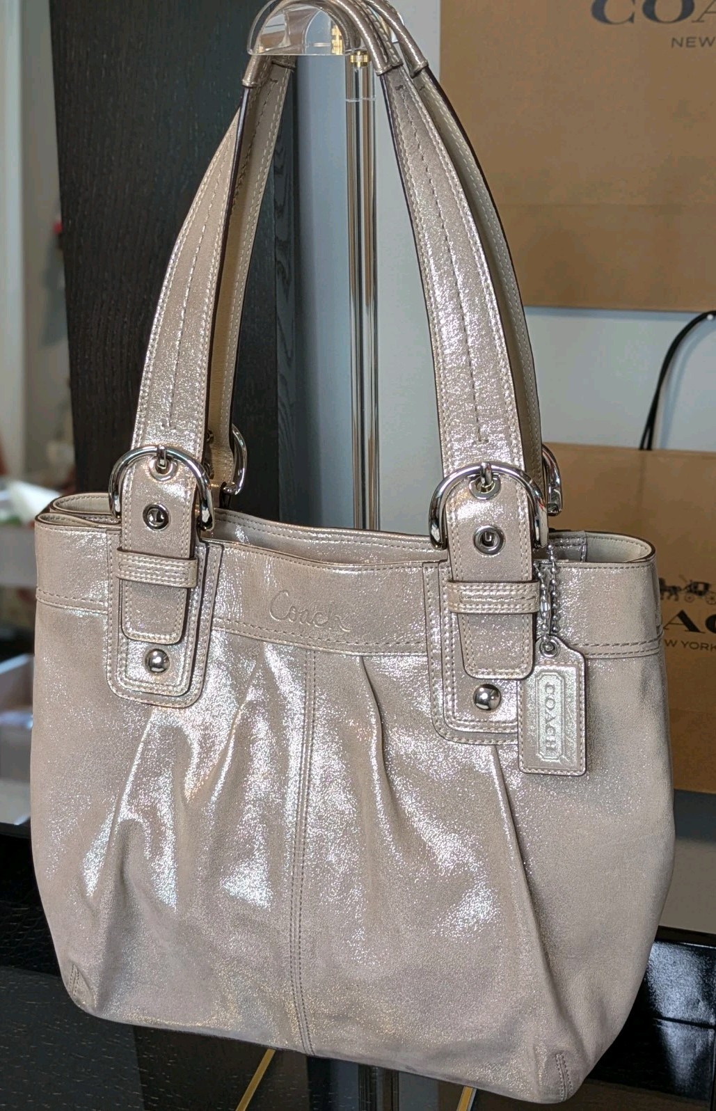 Coach Soho Pleated Tote Shoulder Bag Champagne Gold Shimmer Silver Hardware RARE