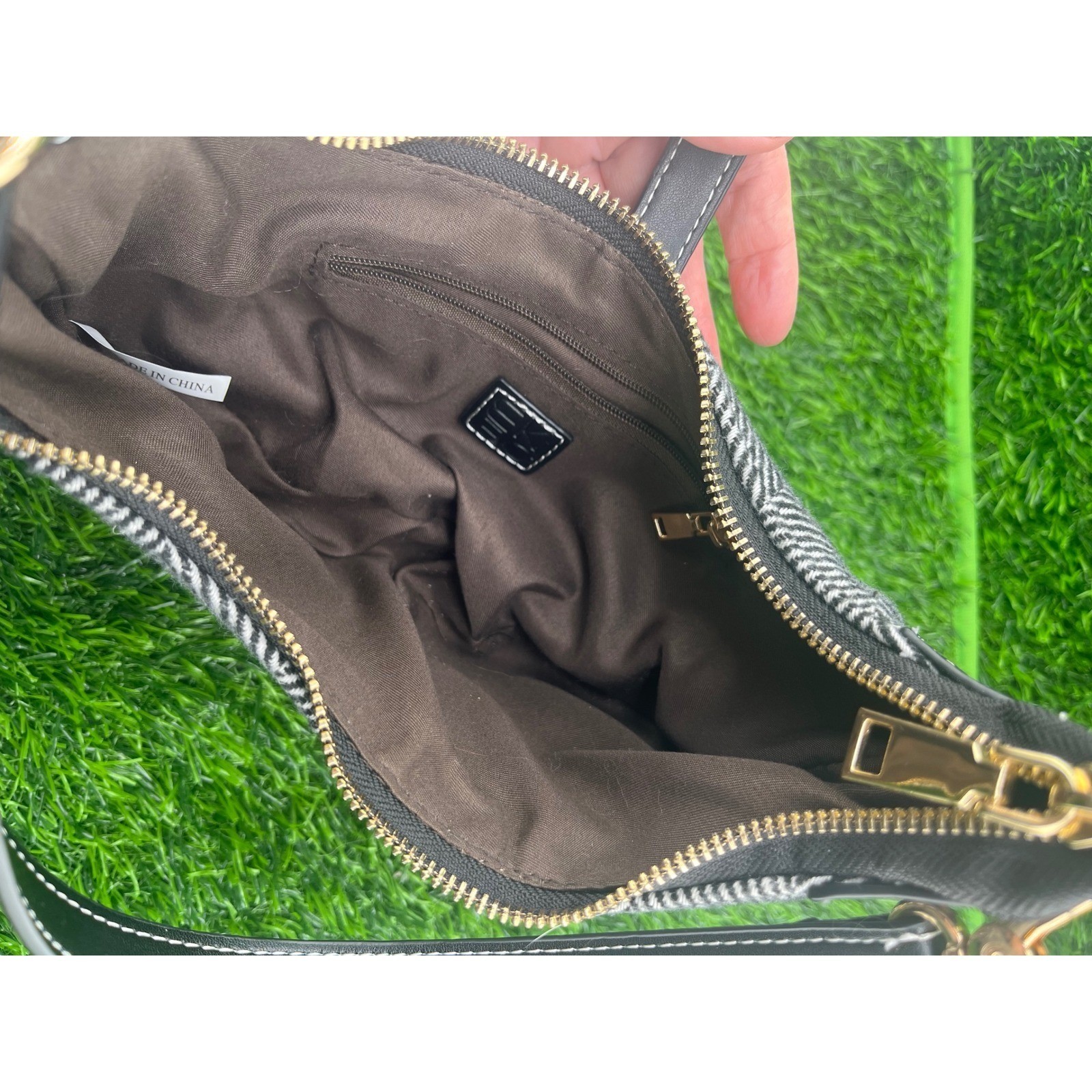 Chic Crescent Shoulder Bag Black White Herringbone Pattern Gold Accents