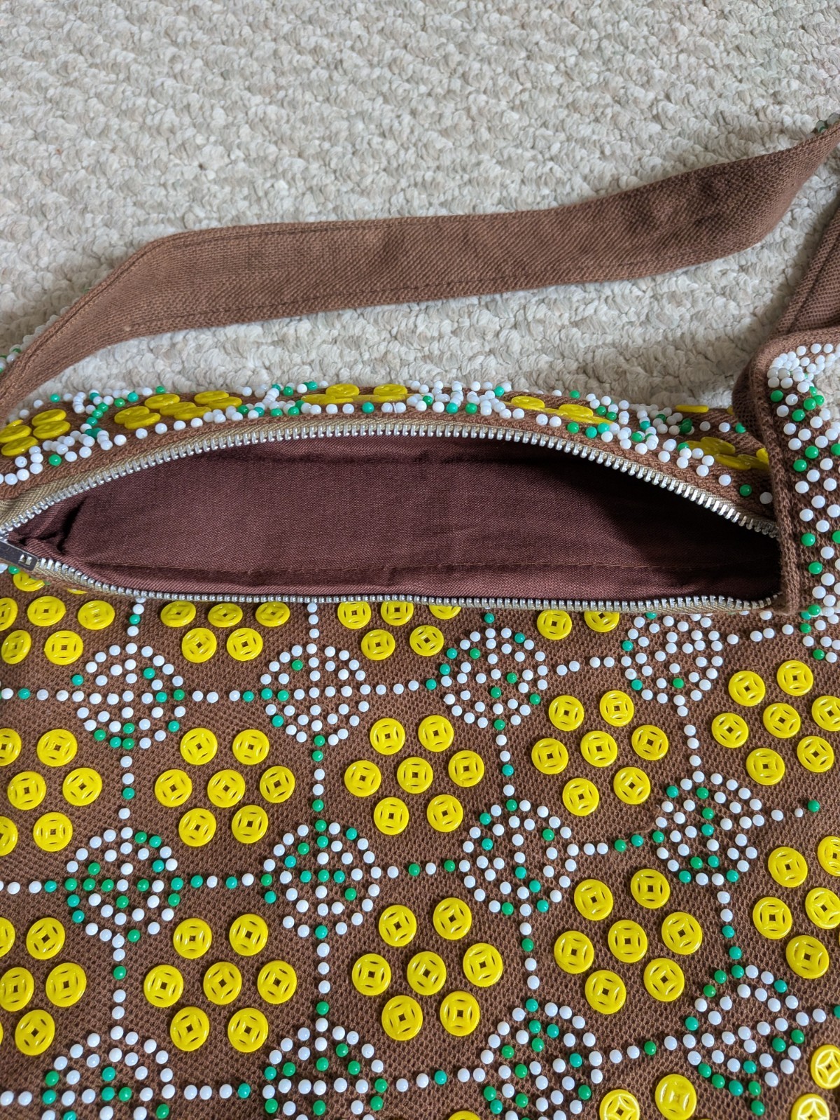 Vintage Boho Colorful Shoulder Bag Brown Yellow Button Beaded Fringe Zip Women