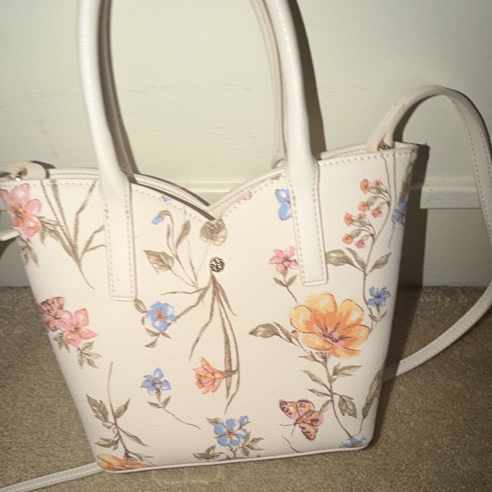 LC Lauren Conrad Cream Floral Satchel Top Handle Bag, Zip, Detachable Strap