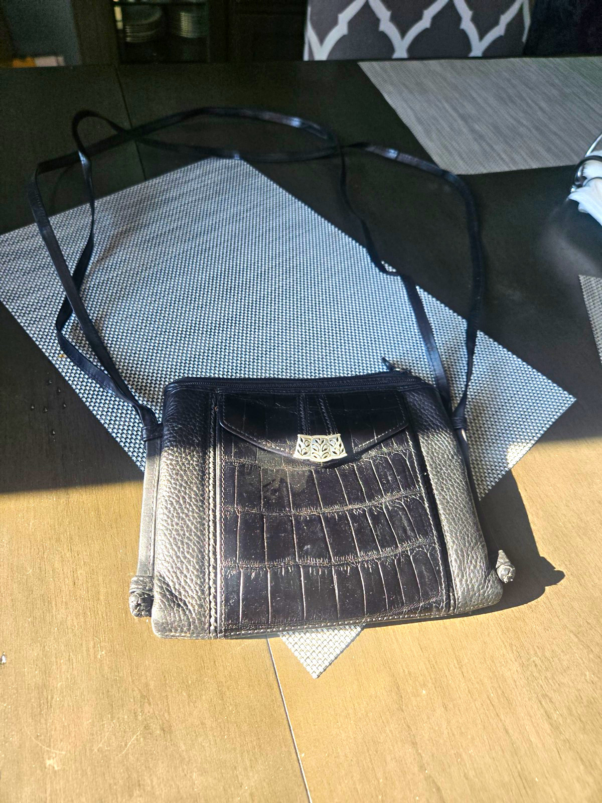 womens black zip crossbody bag inner pockets credit card slots