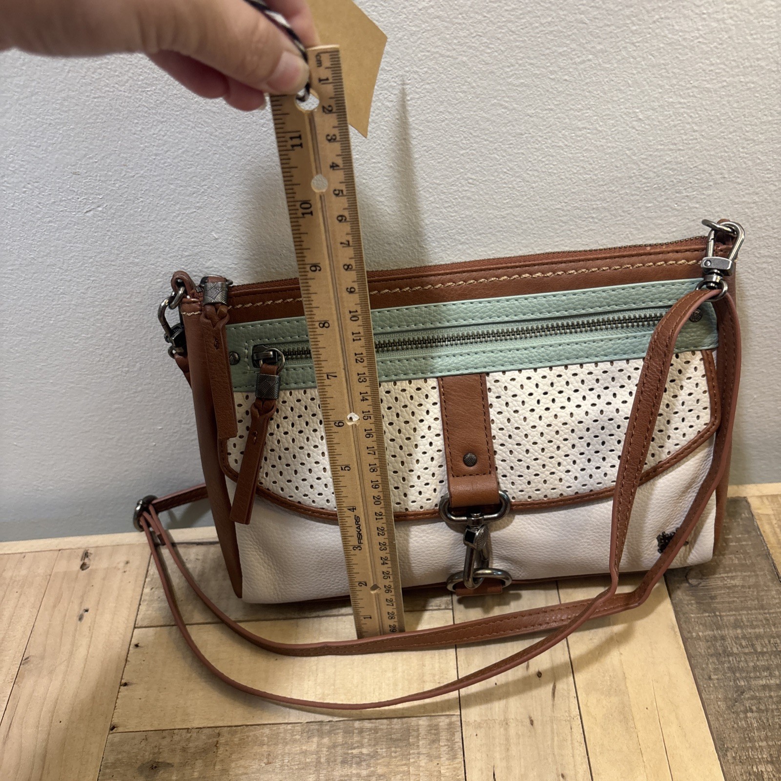 The Sak Crossbody Bag Cream, Teal, And Brown Leather