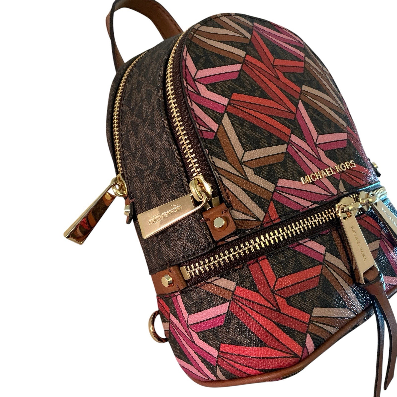 Michael Kors Rhea Zip Brown, Pink, Convertible XS Backpack, Detachable Straps