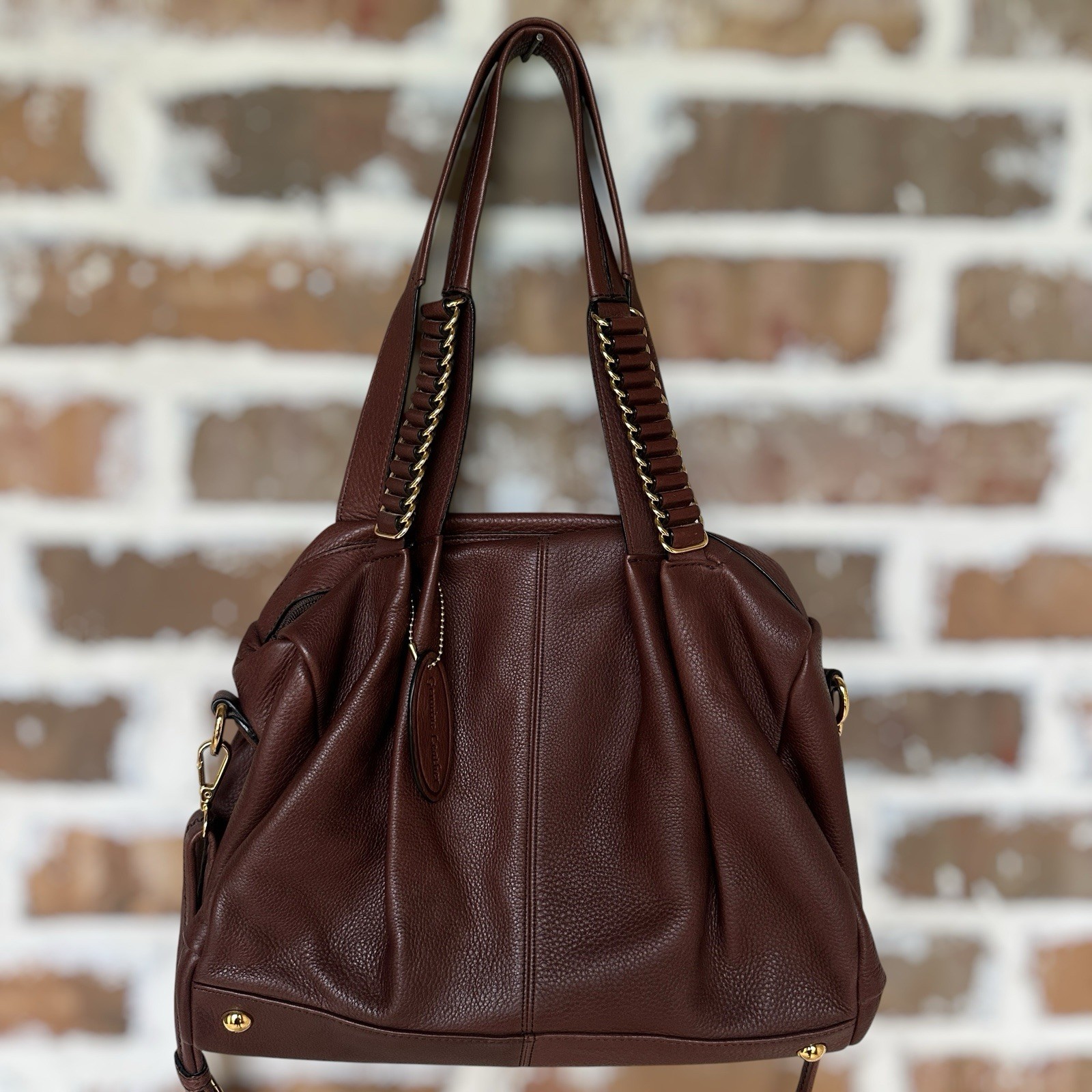 Wilsons Crossbody Shoulder Bag 14×9 Inch Brown Pebbled Leather Gold Chain Links