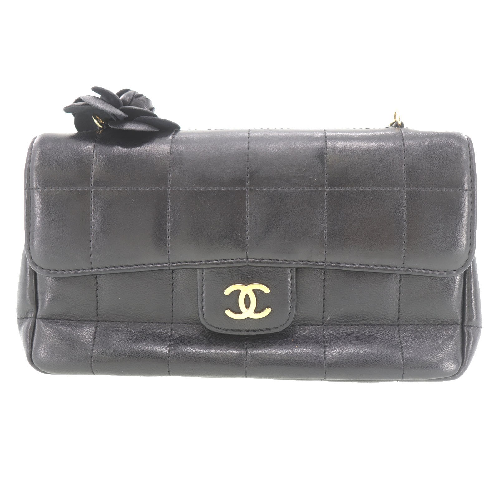 CHANEL Chocolate Bar Camellia Mini Chain Shoulder Bag Black Lambskin #EH712 H
