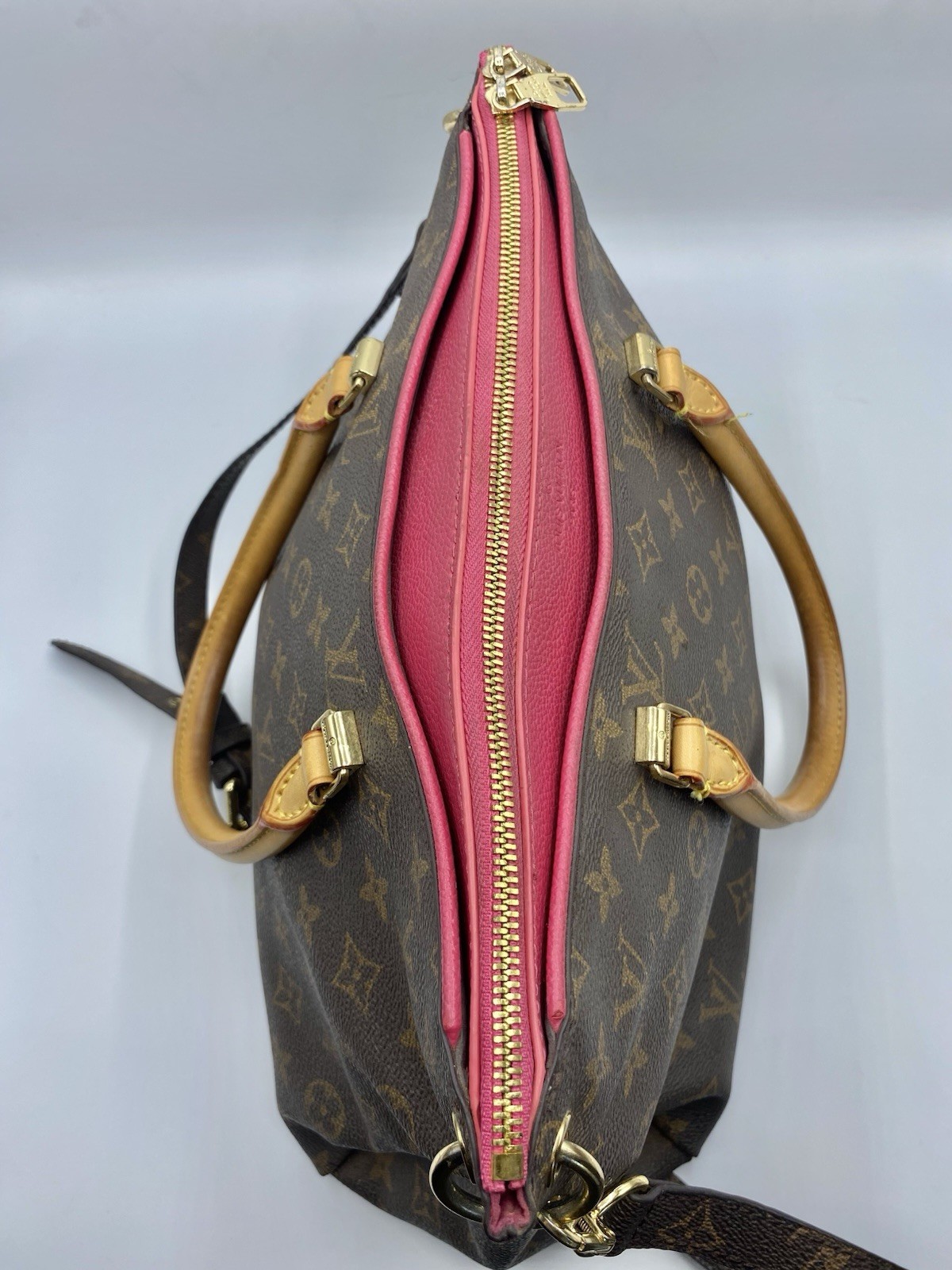 Louis Vuitton Monogram Pallas Satchel Top Handle Zip Detachable Strap Gold Purse