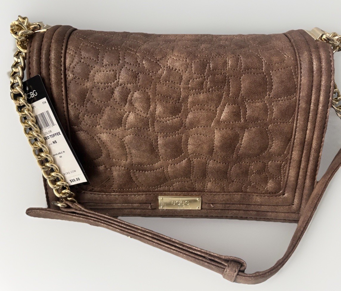 NWT BCBG Paris Spiced Toffee Quilted Crossbody Shoulder Bag W/ Gold Chain Strap