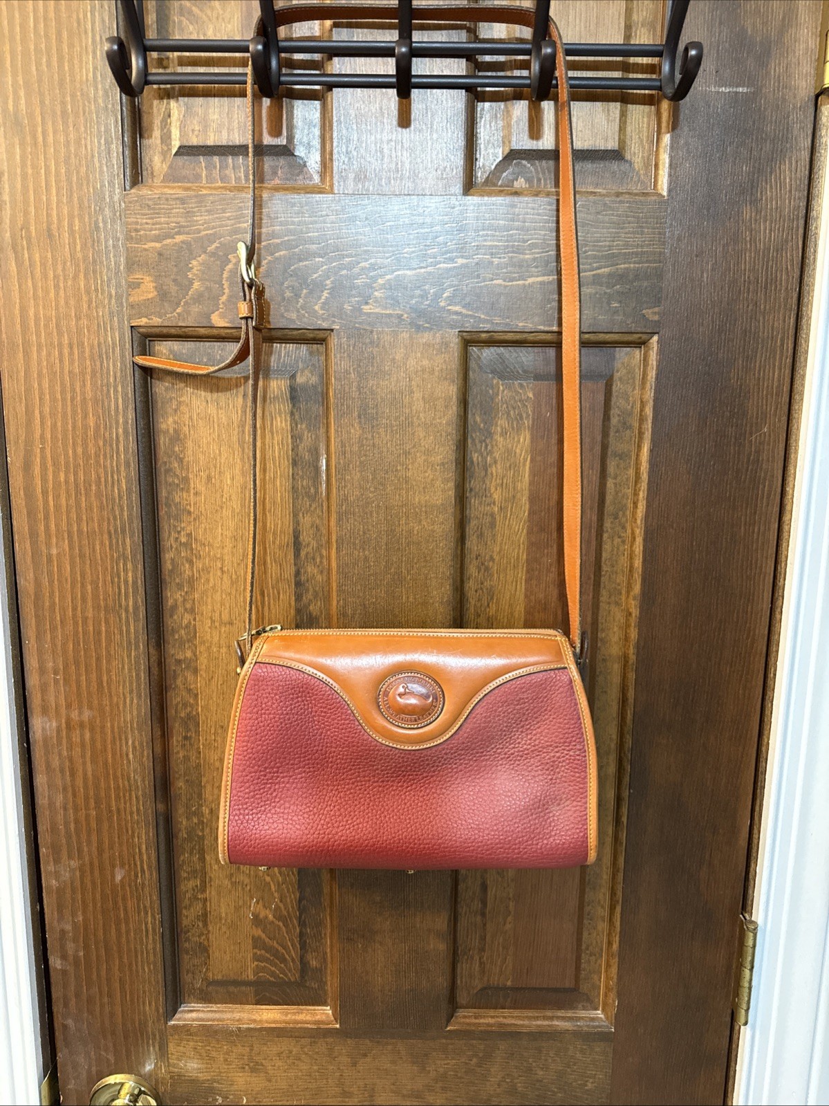 Dooney Bourke Red Vintage Top Zip Shoulder Bag Purse Duck All Weather Leather