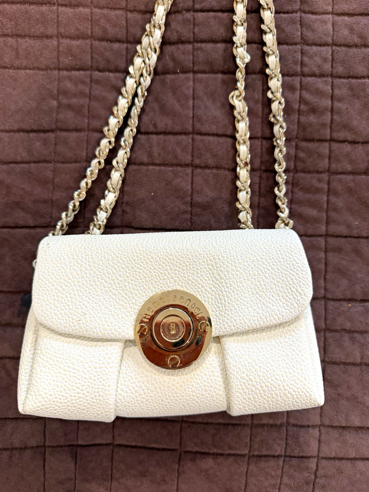 Henri Bendel Leather White Small Shoulder Bag Turn Lock Gold Chain Strap