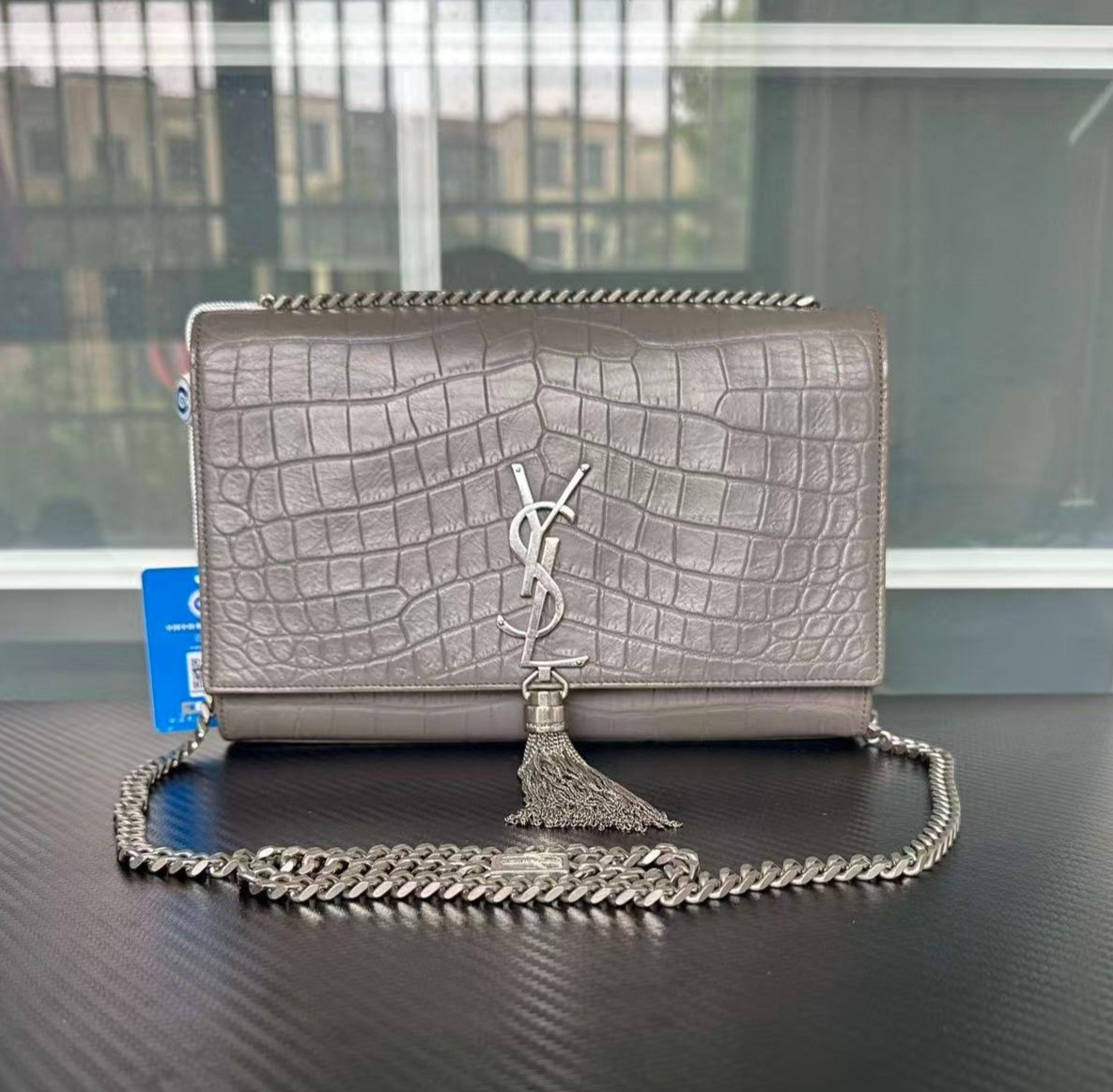 Yves Saint Laurent YSL Kate Grey Medium Crocodile Embossed Leather Shoulder Bag
