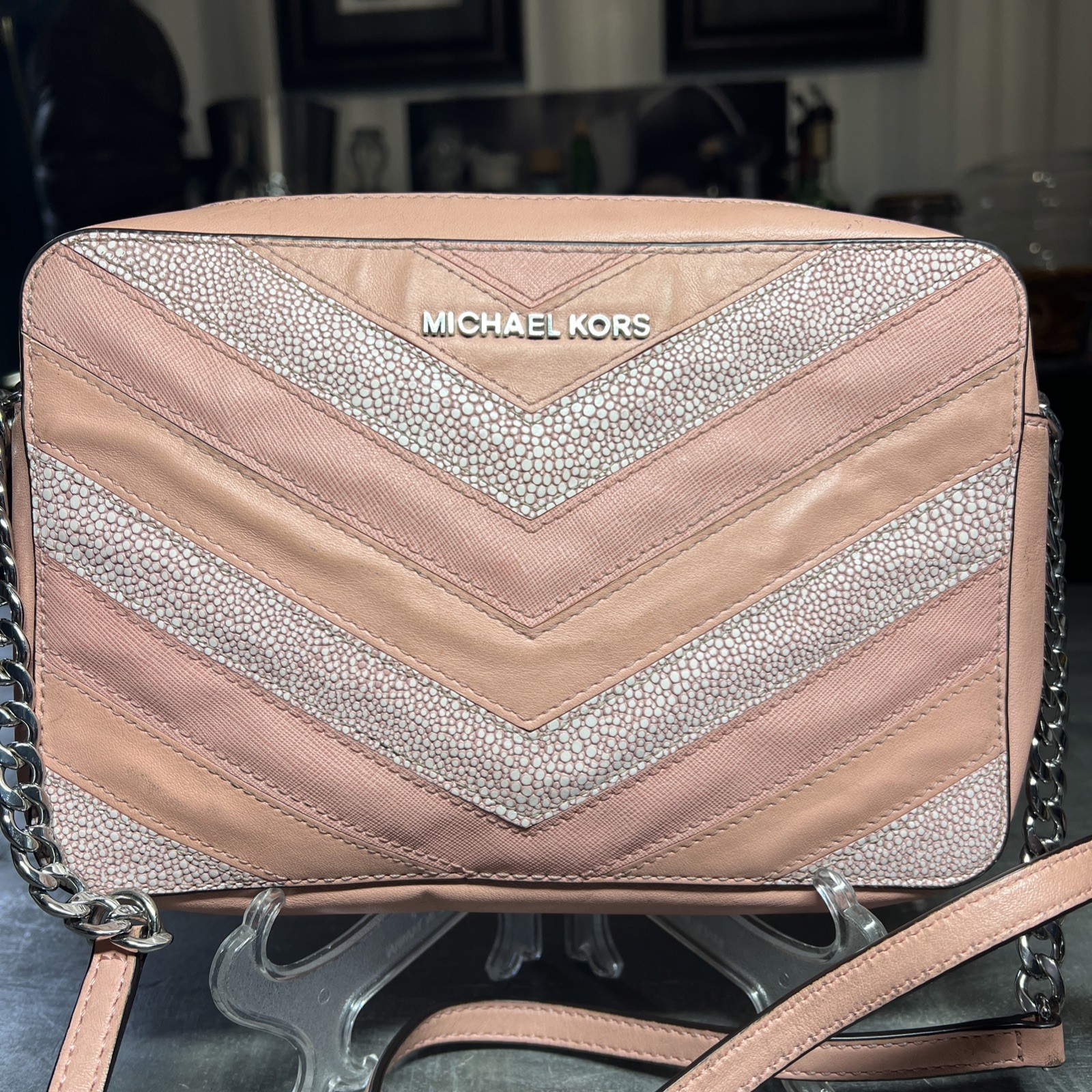 Michael Kors Pink Chevron Crossbody Bag Top Zip Leather Embossed 9.5x2x6.5 in
