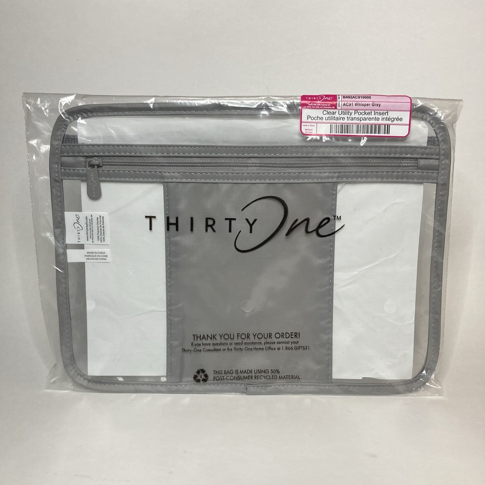 Thirty-One Clear Utility Pocket Insert WHISPER GREY Fits Most Thirty-One Totes