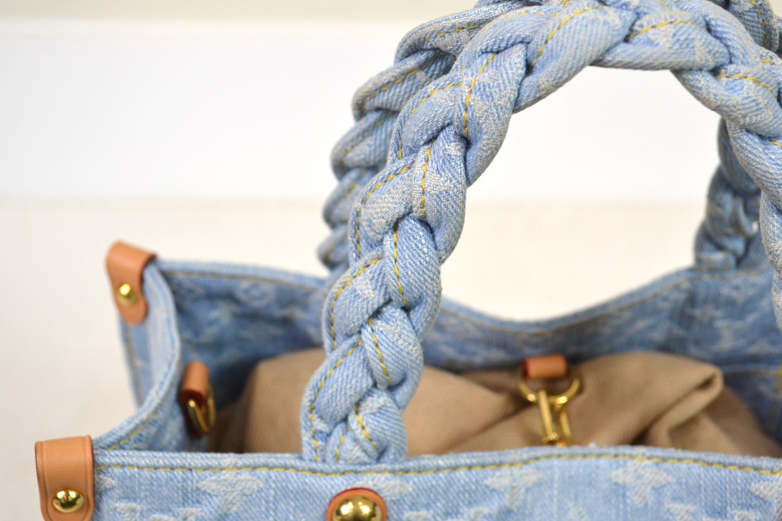 Louis Vuitton Onthego PM Sky Blue Denim Leather Shoulder Bag Handbag Purse
