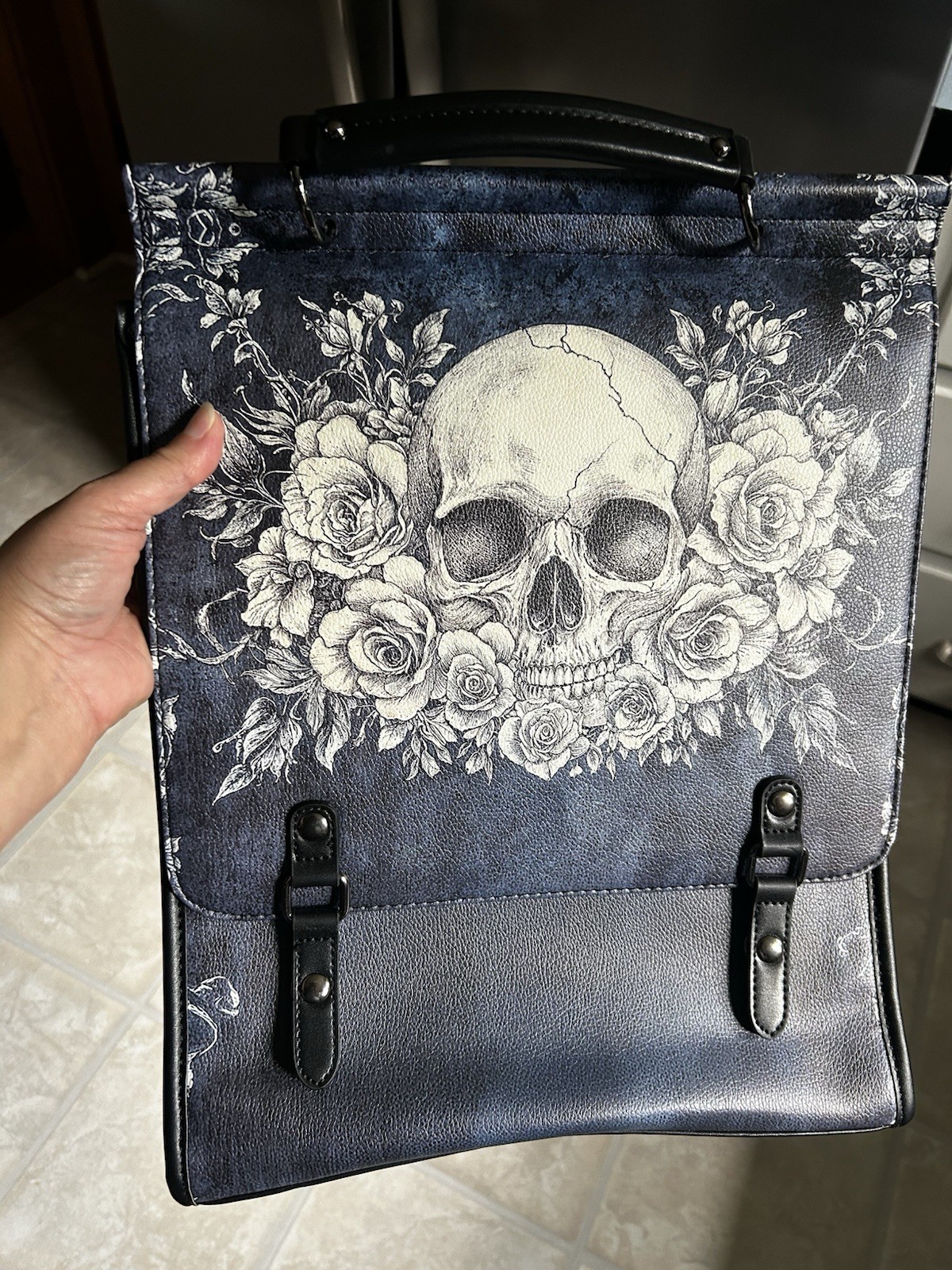Skullette Skulls & Roses Backpack Blue Floral Skull Theme Buckle, Black Strap