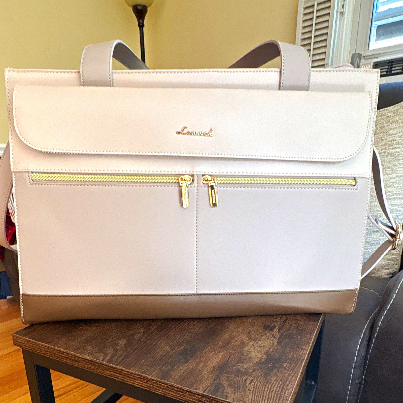 Lovevook Beige/Brown Colorblock Laptop Tote Top Handle, Detachable Strap, Gold