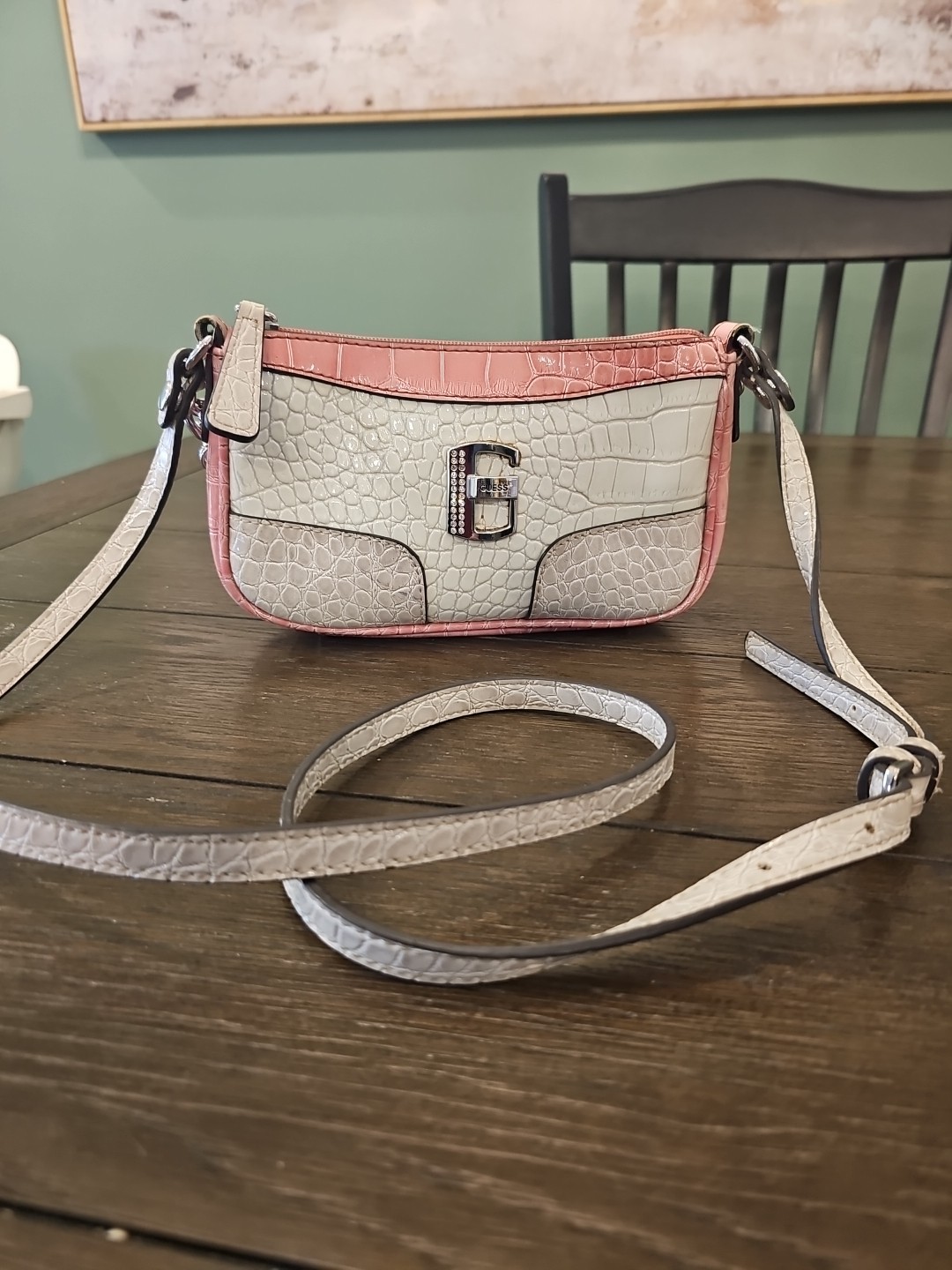 Guess Pink & beige Crossbody Purse Croc Skin Y2K Bling Logo