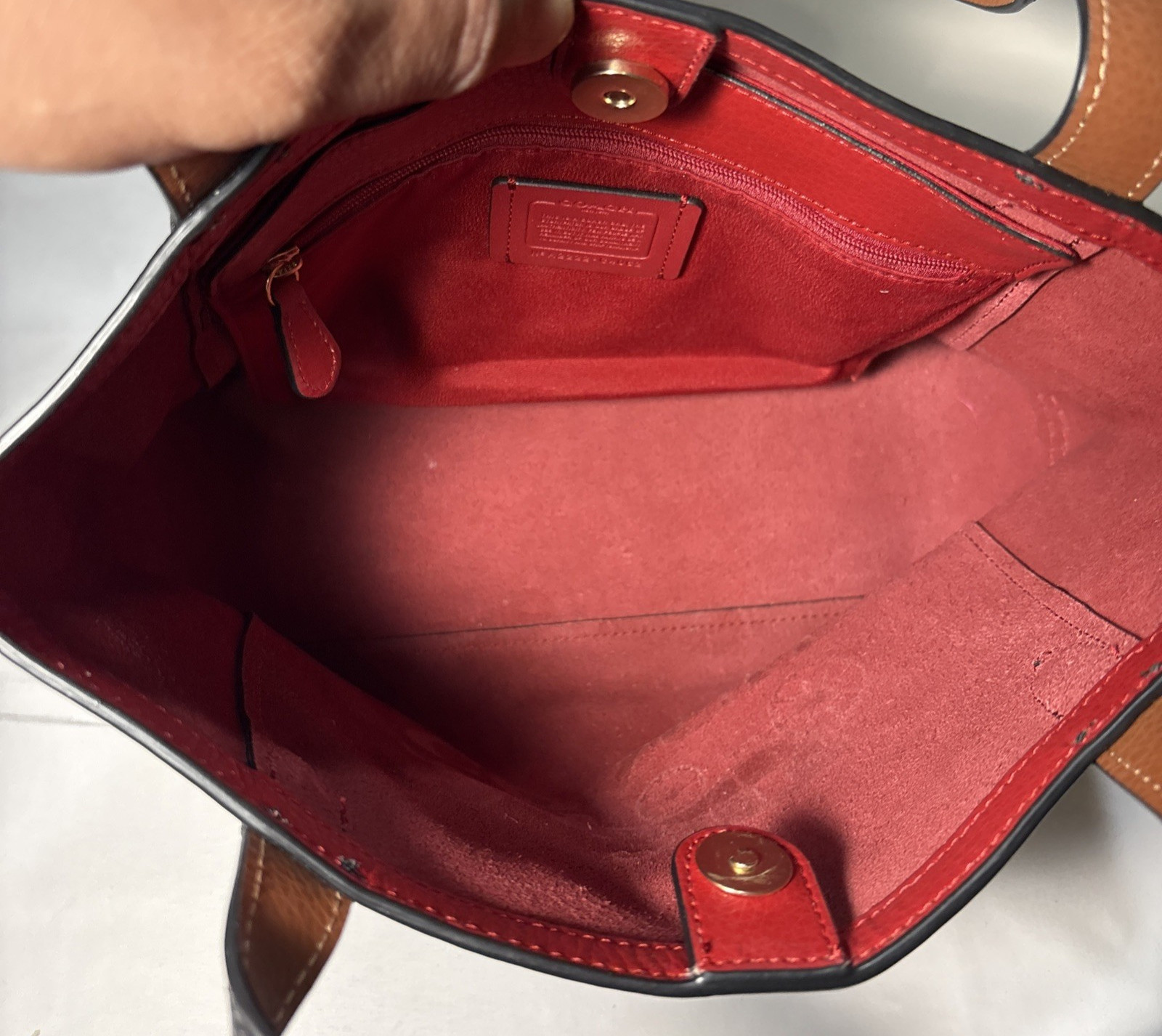 COACH Embossed Horse and Carriage Tote Bag Black Leather Red Interior Brown Trim