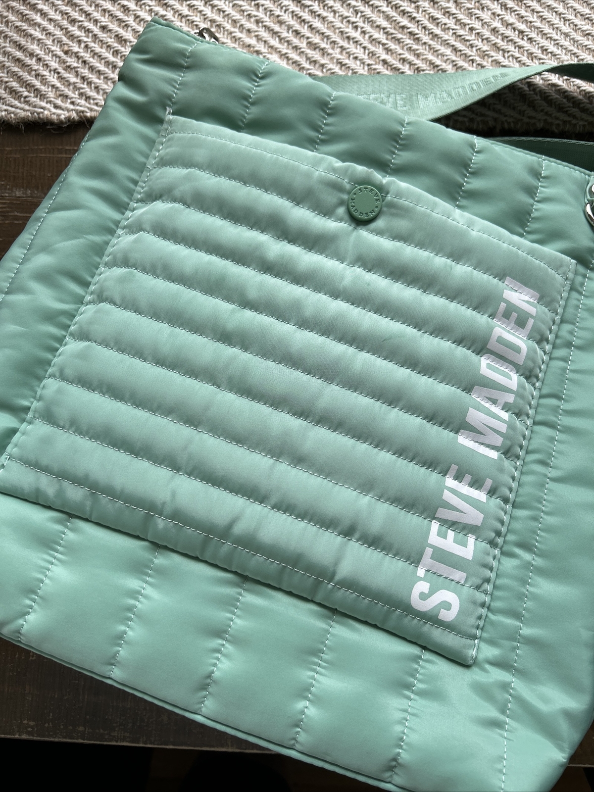 Steve Madden Sumba Mint Green Blue Nylon Puffy Logo Backpack w/ Silver Hardware