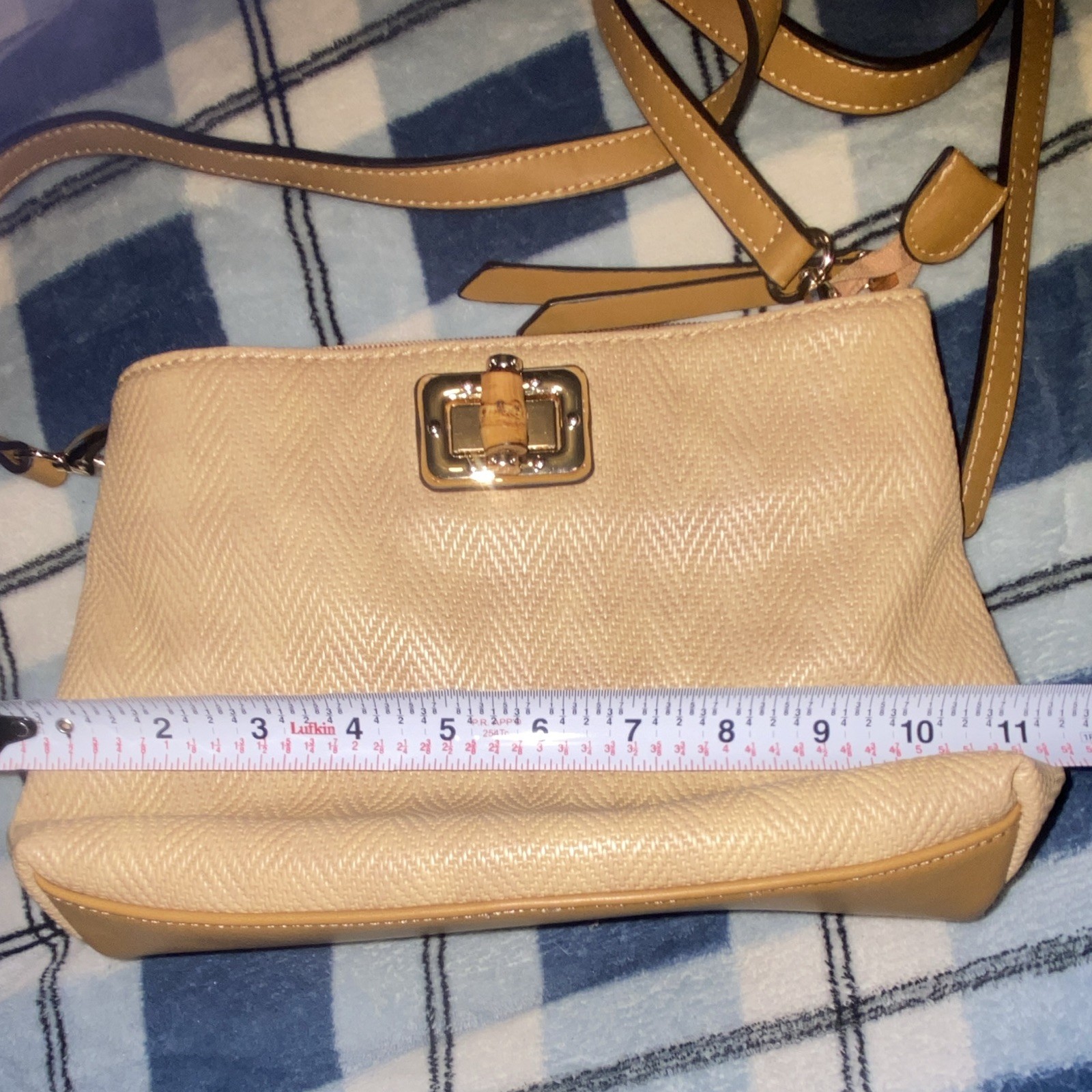 Sondra Roberts Beige/Tan Chevron Small Crossbody Zip/Mag Snap Adj Strap Silver