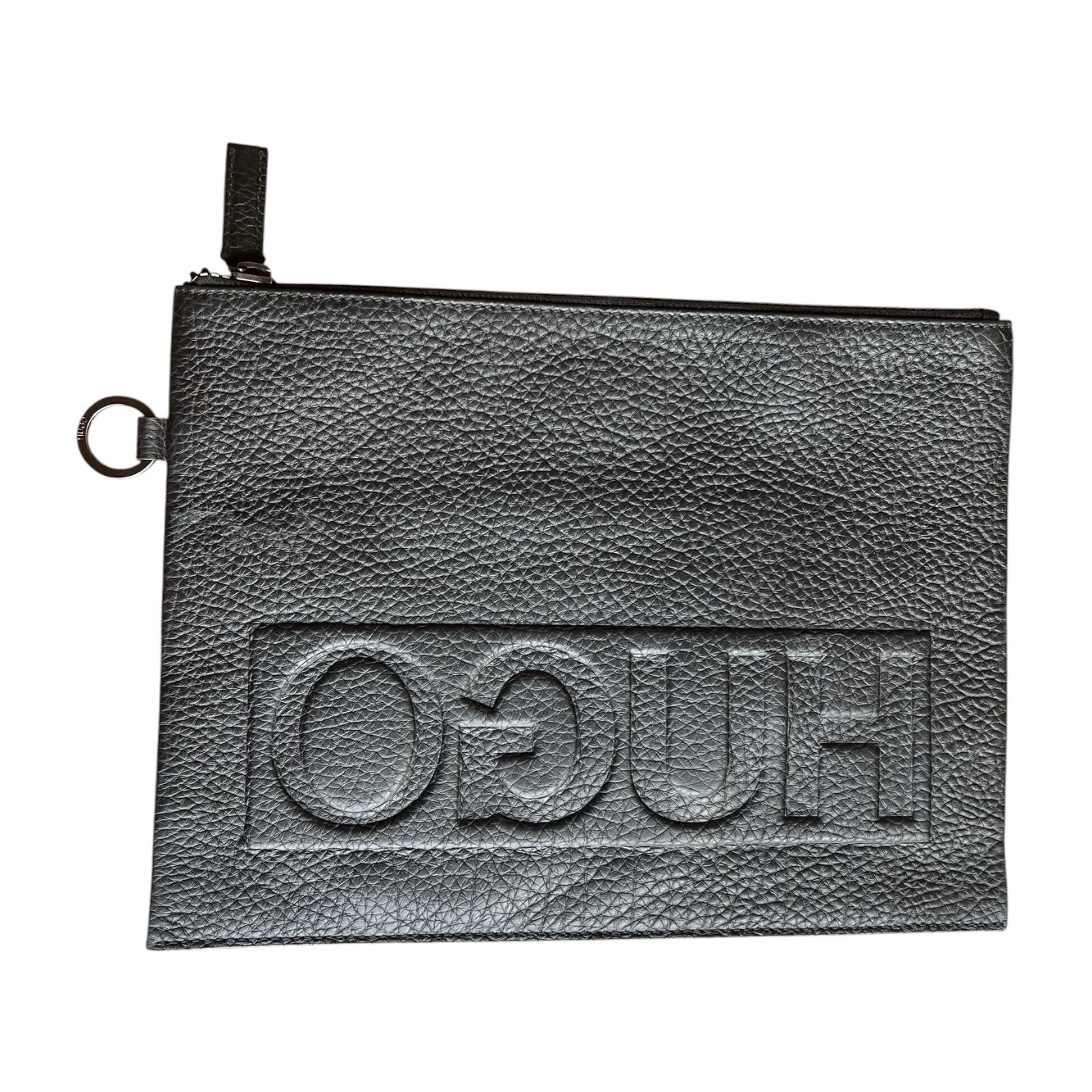 HUGO Boss Black Pebbled Cowhide Leather Zip Clutch Pouch Wristlet Preppy