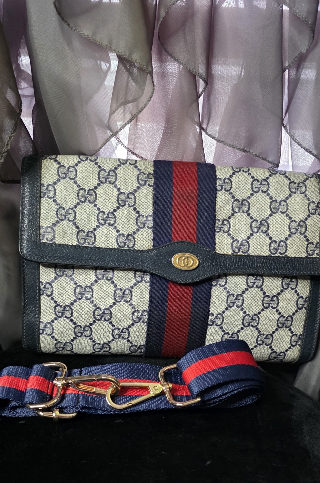 Gucci Vintage GG Web Clutch Blue Canvas