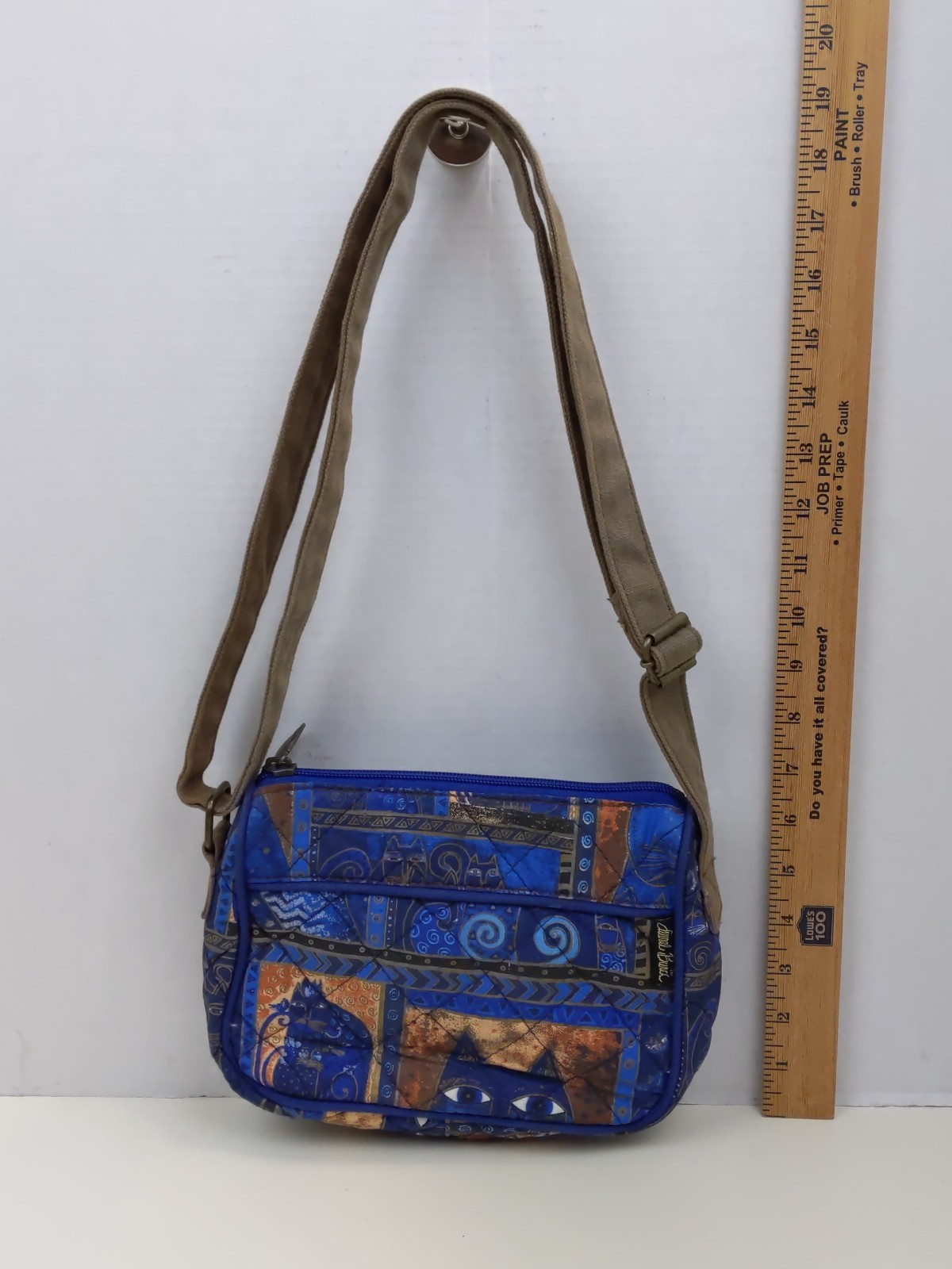 Laurel Burch Cat Print Crossbody Bag Blue Quilted Canvas Adjustable Strap Zip
