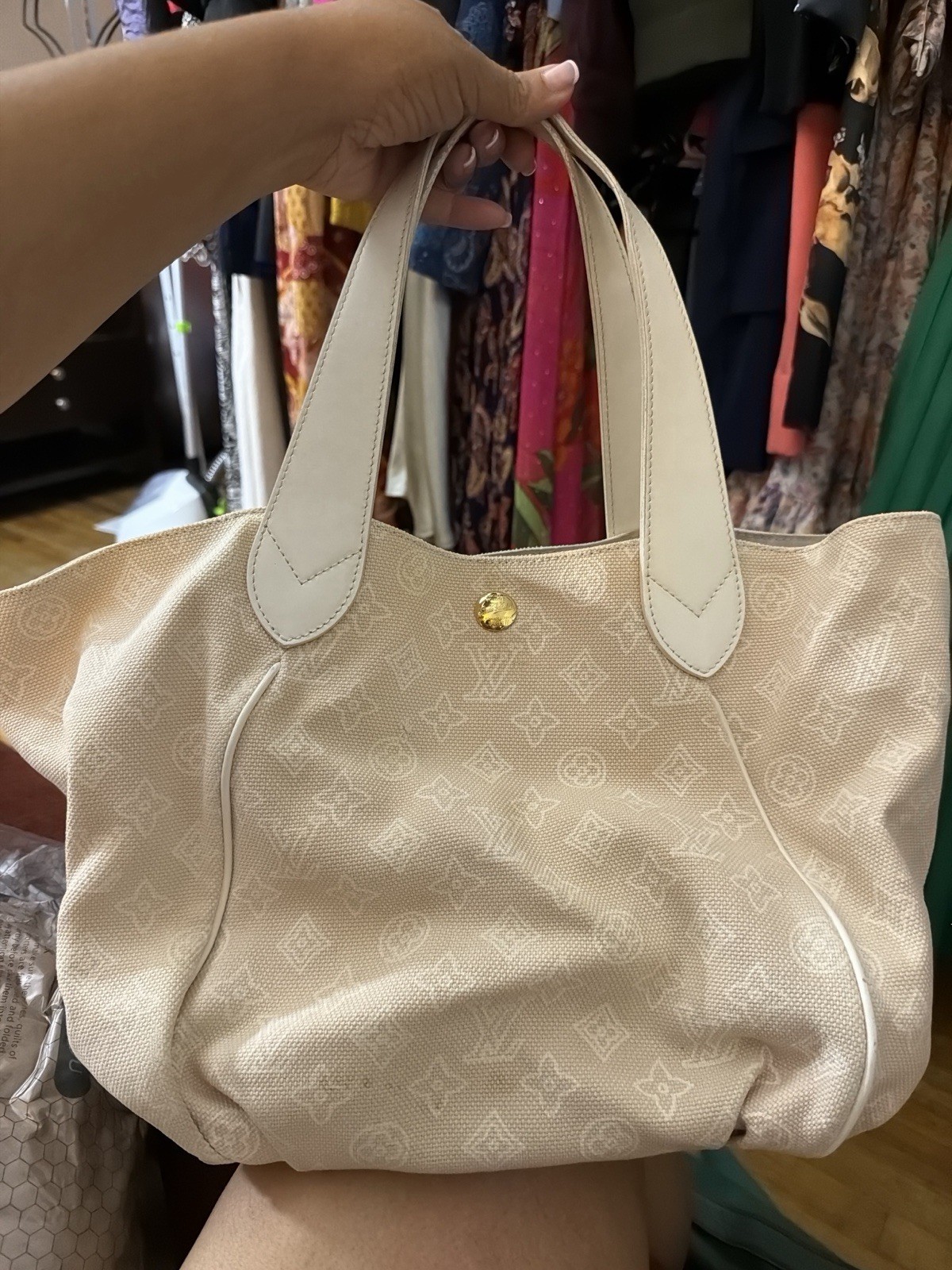 Louis Vuitton Beige Monogram Zip-Top Tote Bag Detachable Pouch Gold Hardware